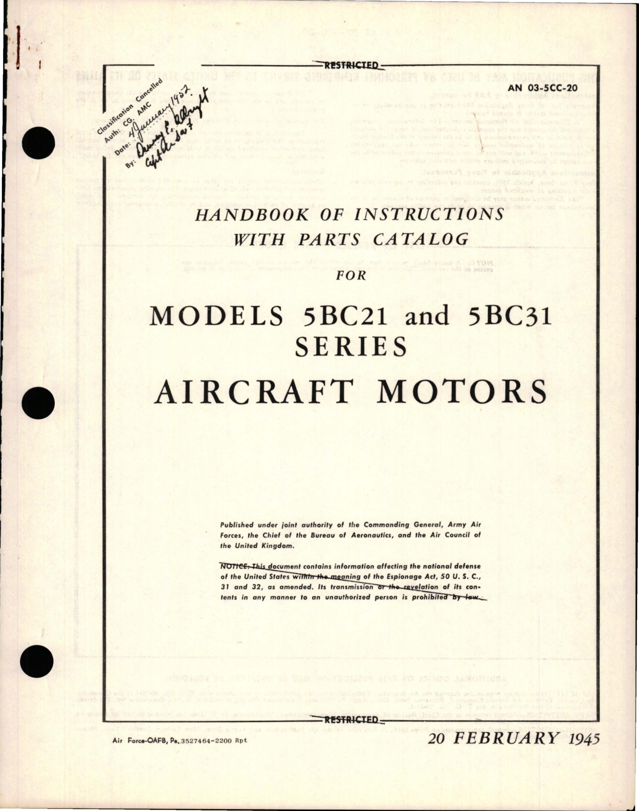Sample page 1 from AirCorps Library document: Instructions with Parts Catalog for Aircraft Motors - Models 5BC21 and 5BC31 Series 