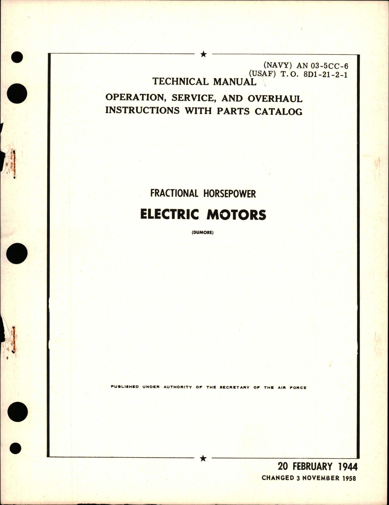 Sample page 1 from AirCorps Library document: Operation, Service, and Overhaul Instructions with Parts Catalog for Fractional Horsepower Electric Motors