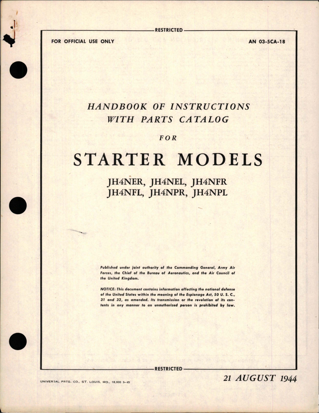 Sample page 1 from AirCorps Library document: Instructions with Parts Catalog for Starters