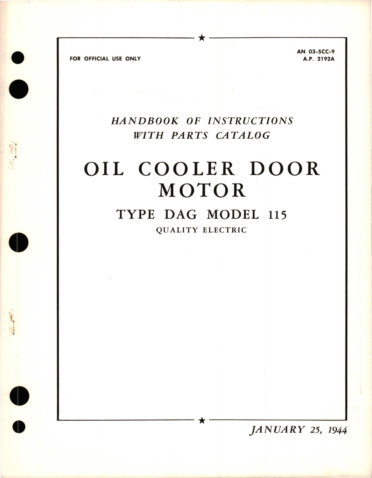 Sample page 1 from AirCorps Library document: Instructions with Parts Catalog for Oil Cooler Door Motor - Type DAG Model 115