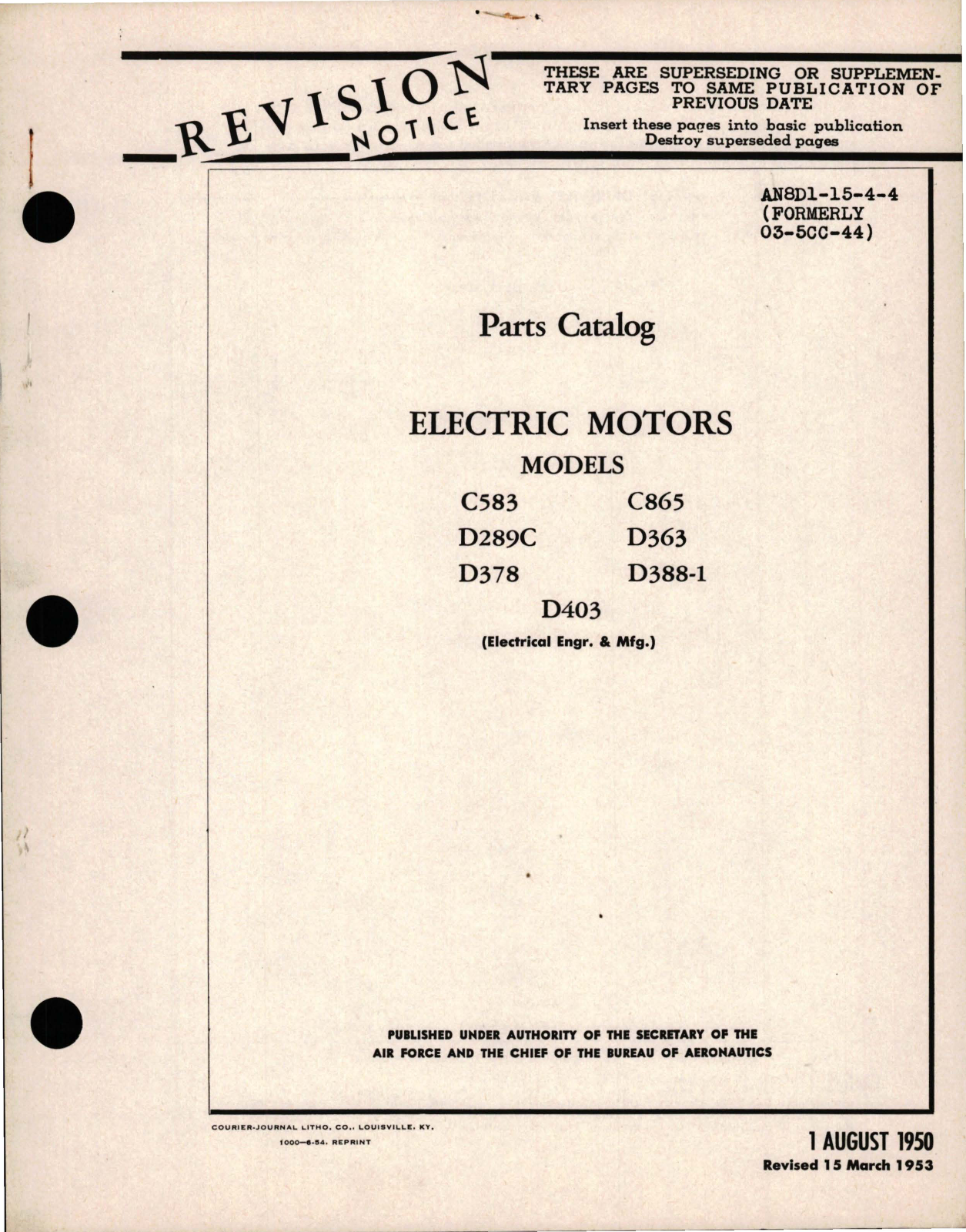Sample page 1 from AirCorps Library document: Parts Catalog for Electric Motors - Models C583, C865, D289C, D363, D378, D388-1, D403