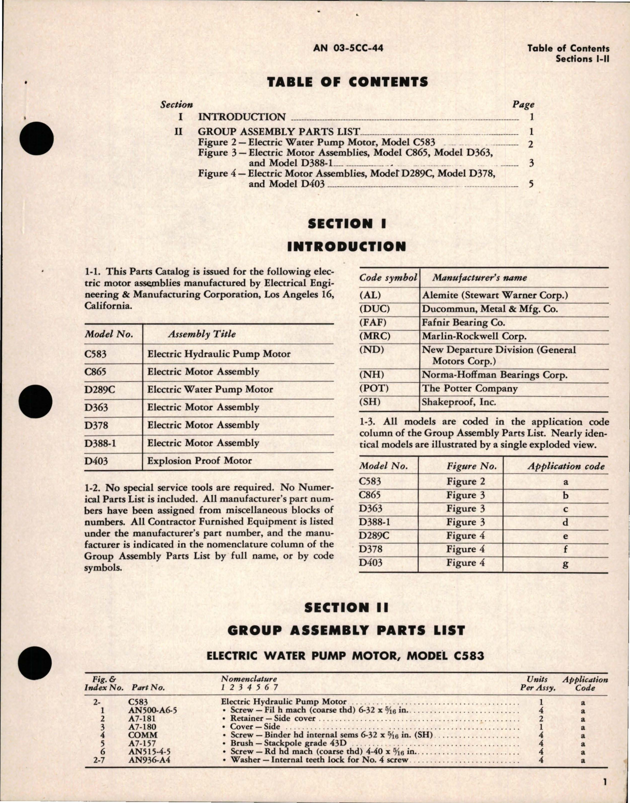 Sample page 5 from AirCorps Library document: Parts Catalog for Electric Motors - Models C583, C865, D289C, D363, D378, D388-1, D403