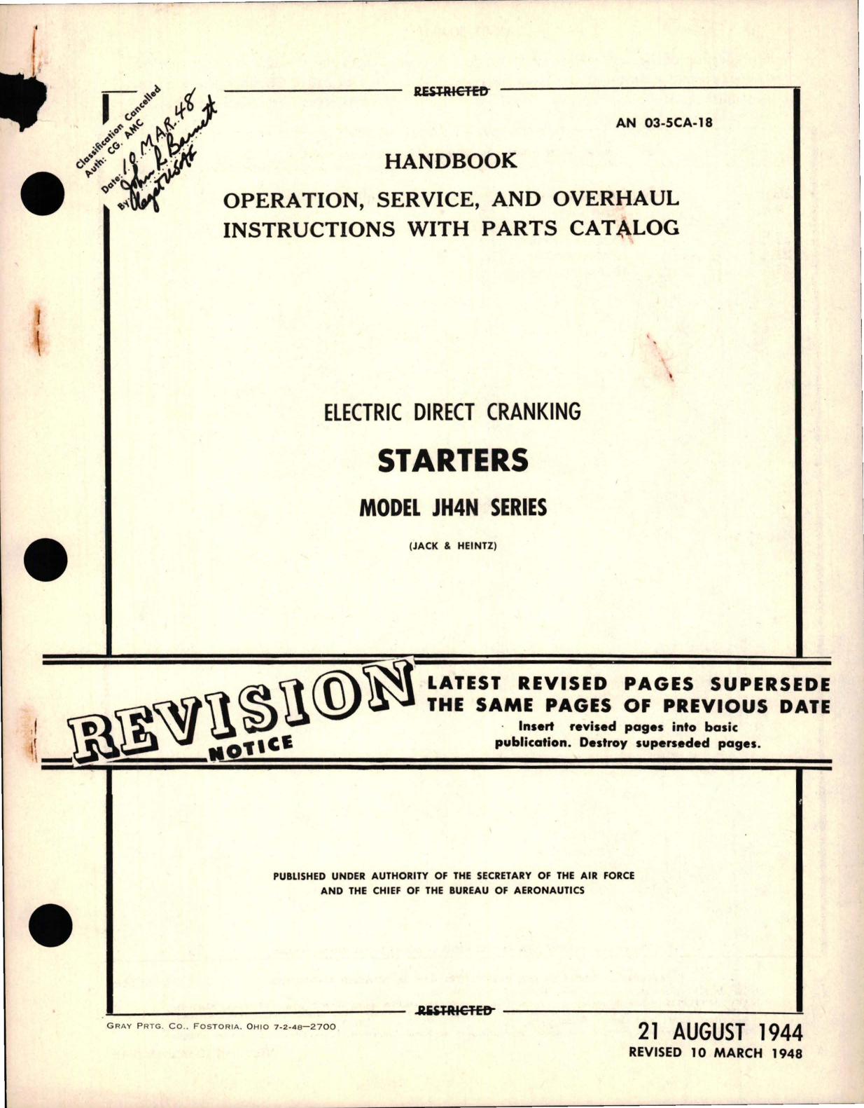 Sample page 1 from AirCorps Library document: Operation, Service, Overhaul Instructions with Parts Catalog for Electric Direct Cranking Starters - Model JH4N Series