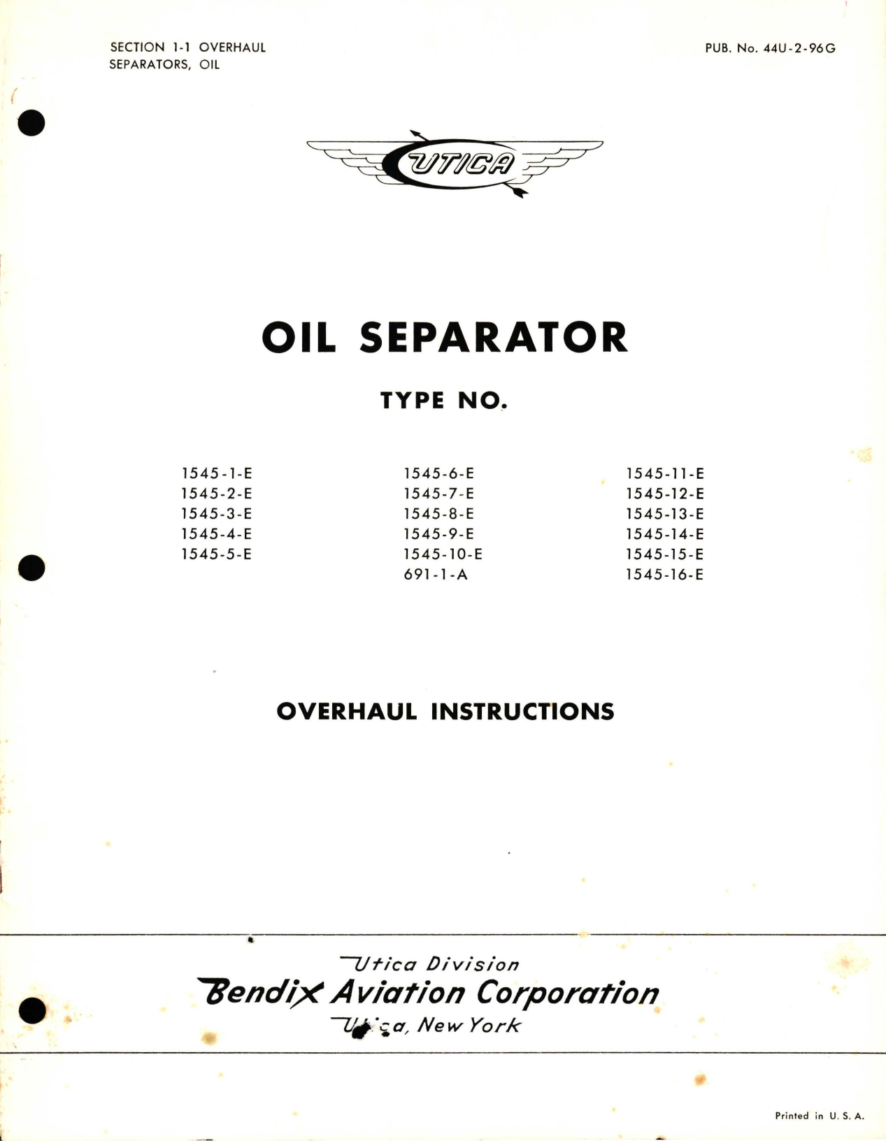 Sample page 1 from AirCorps Library document: Overhaul Instructions for Oil Separator - Section 1-1