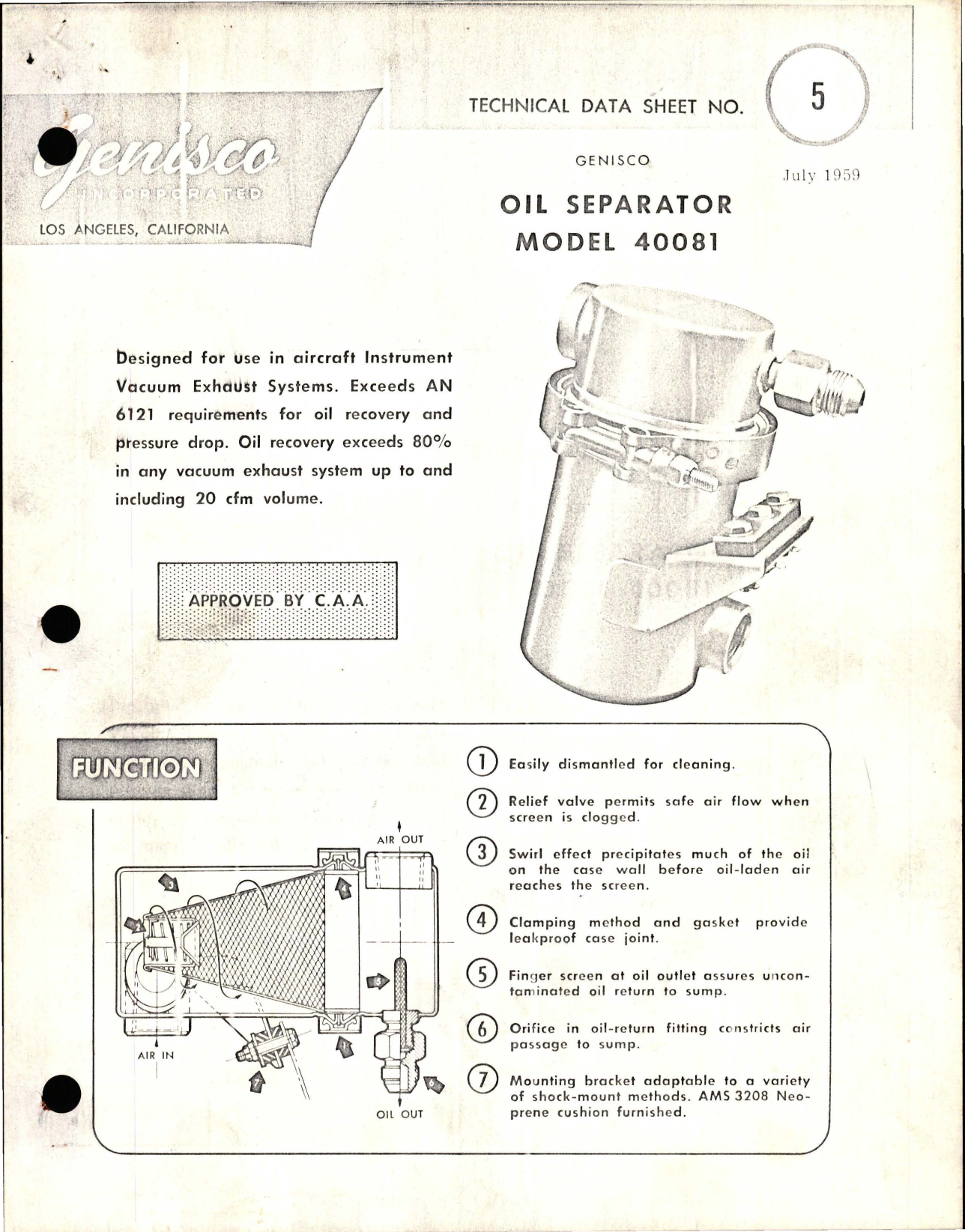 Sample page 1 from AirCorps Library document: Oil Separator - Model 40081