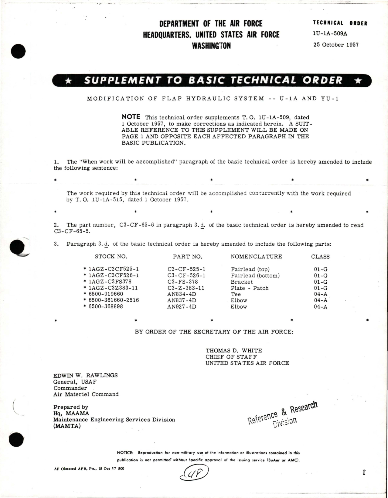 Sample page 1 from AirCorps Library document: Supplement to Modification of Flap Hydraulic System for U-1A and YU-1