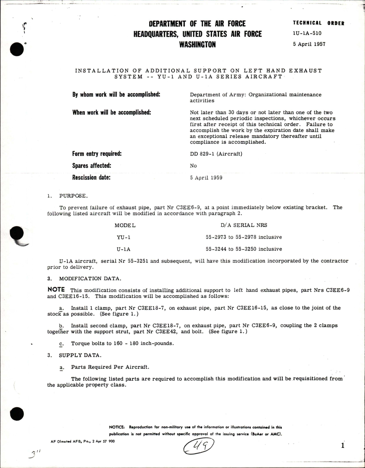 Sample page 1 from AirCorps Library document: Installation of Additional Support on Left Hand Exhaust System on YU-1 and U-1A