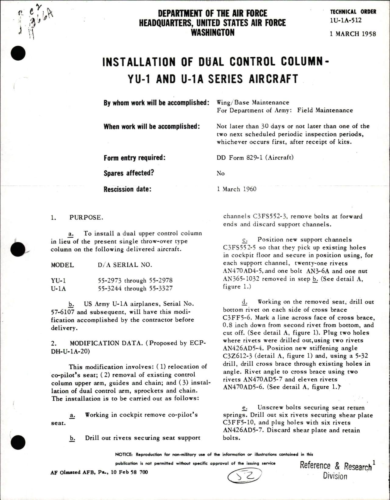 Sample page 1 from AirCorps Library document: Installation of Dual Control Column on YU-1 & U-1A