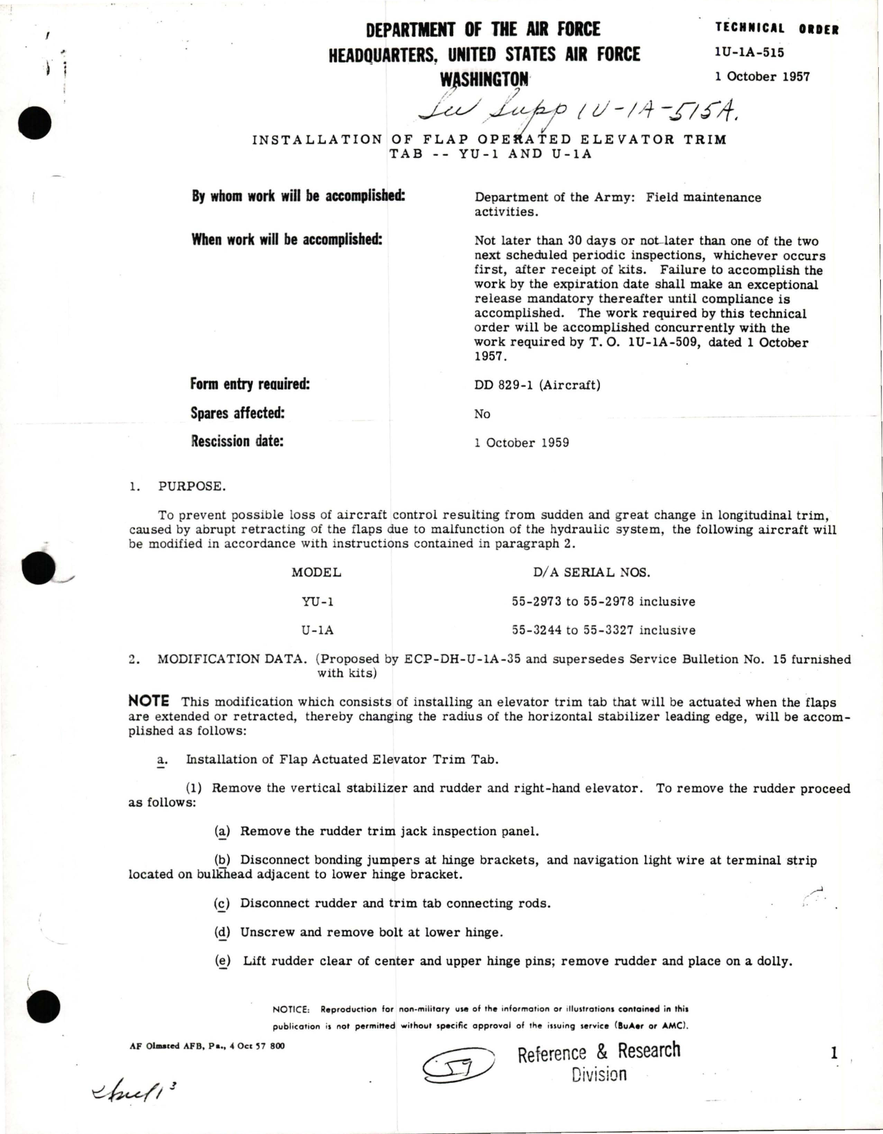 Sample page 1 from AirCorps Library document: Installation of Flap Operated Elevator Trim Tab on YU-1 and U-1A