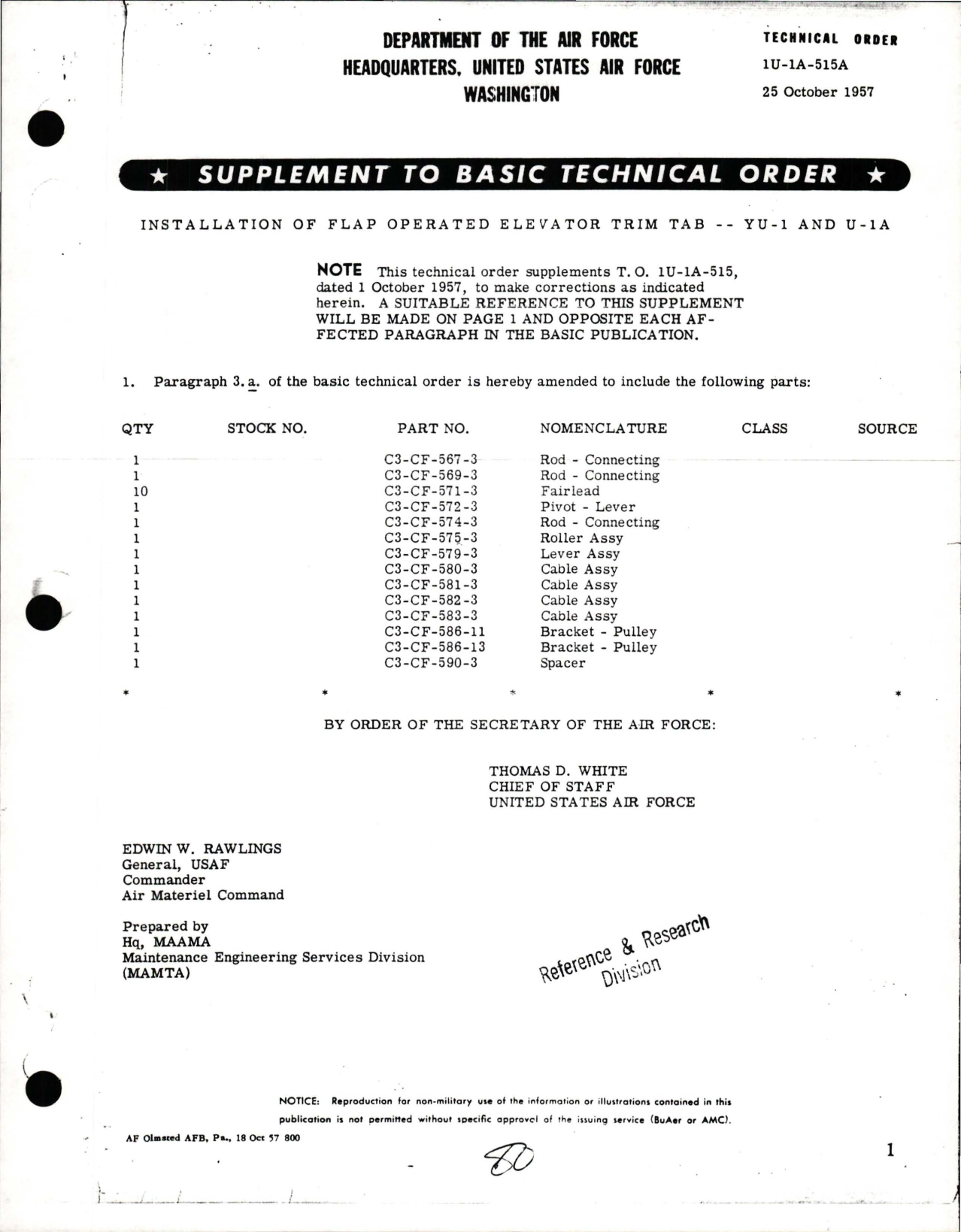 Sample page 1 from AirCorps Library document: Installation of Flap Operated Elevator Trim Tab for YU-1 and U-1A