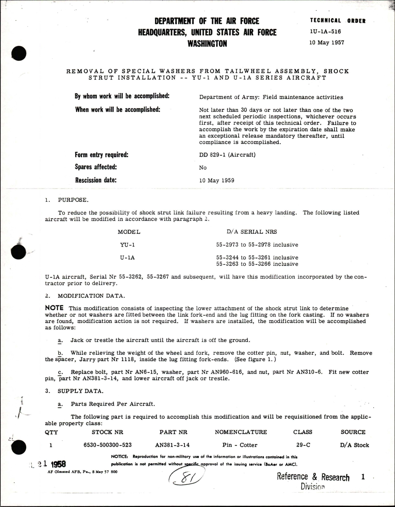 Sample page 1 from AirCorps Library document: Removal of Special Washers from Tailwheel Assembly - Shock Strut Installation on YU-1 and U-1A