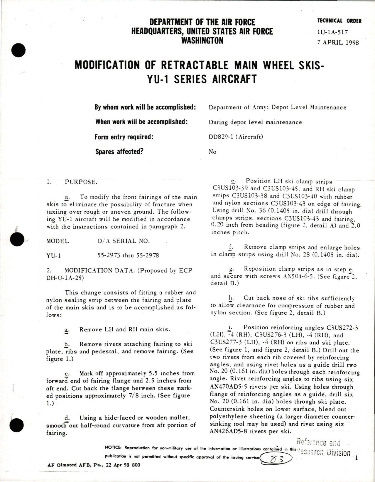 Sample page 1 from AirCorps Library document: Modification of Retractable Main Wheel Skis for YU-1