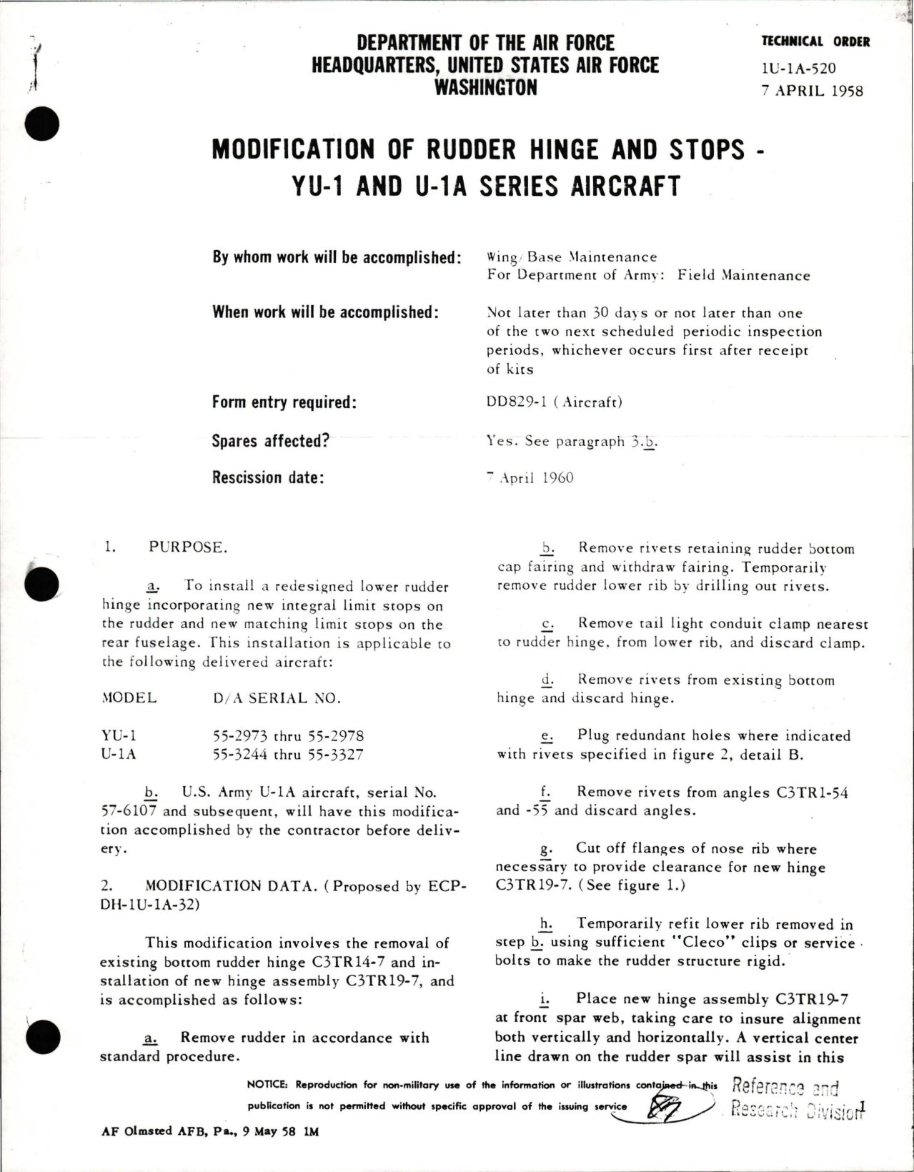 Sample page 1 from AirCorps Library document: Modification of Rudder Hinge & Stops on YU-1 and U-1A
