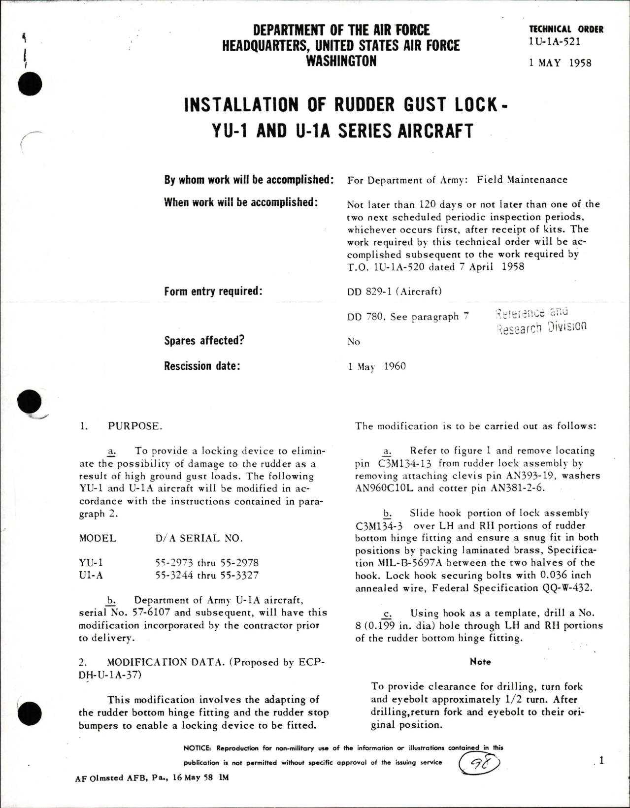 Sample page 1 from AirCorps Library document: Installation of Rudder Gust Lock on YU-1 and U-1A