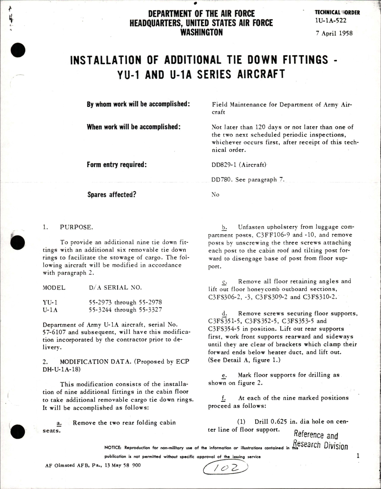 Sample page 1 from AirCorps Library document: Installation of Additional Tie Down Fittings for YU-1 and U-1A