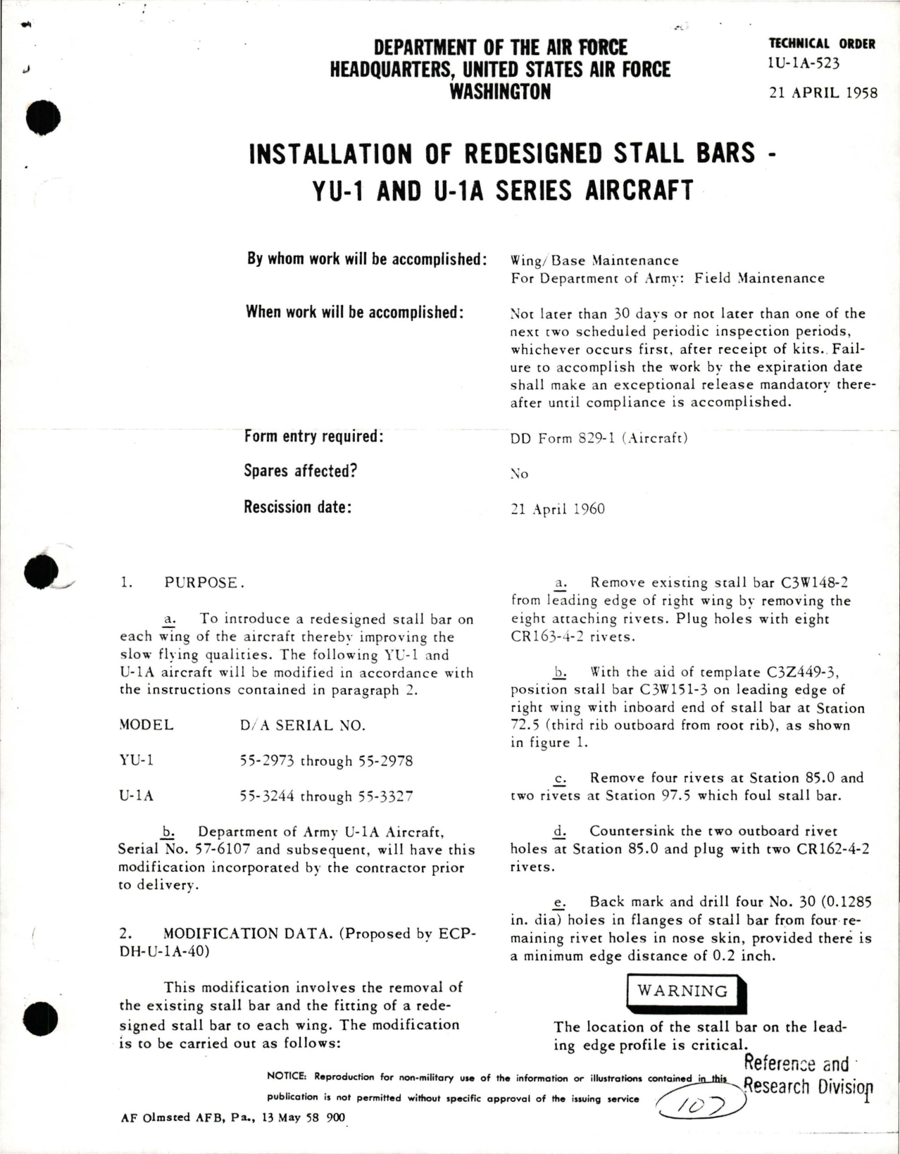 Sample page 1 from AirCorps Library document: Installation of Redesigned Stall Bars on YU-1 and U-1A