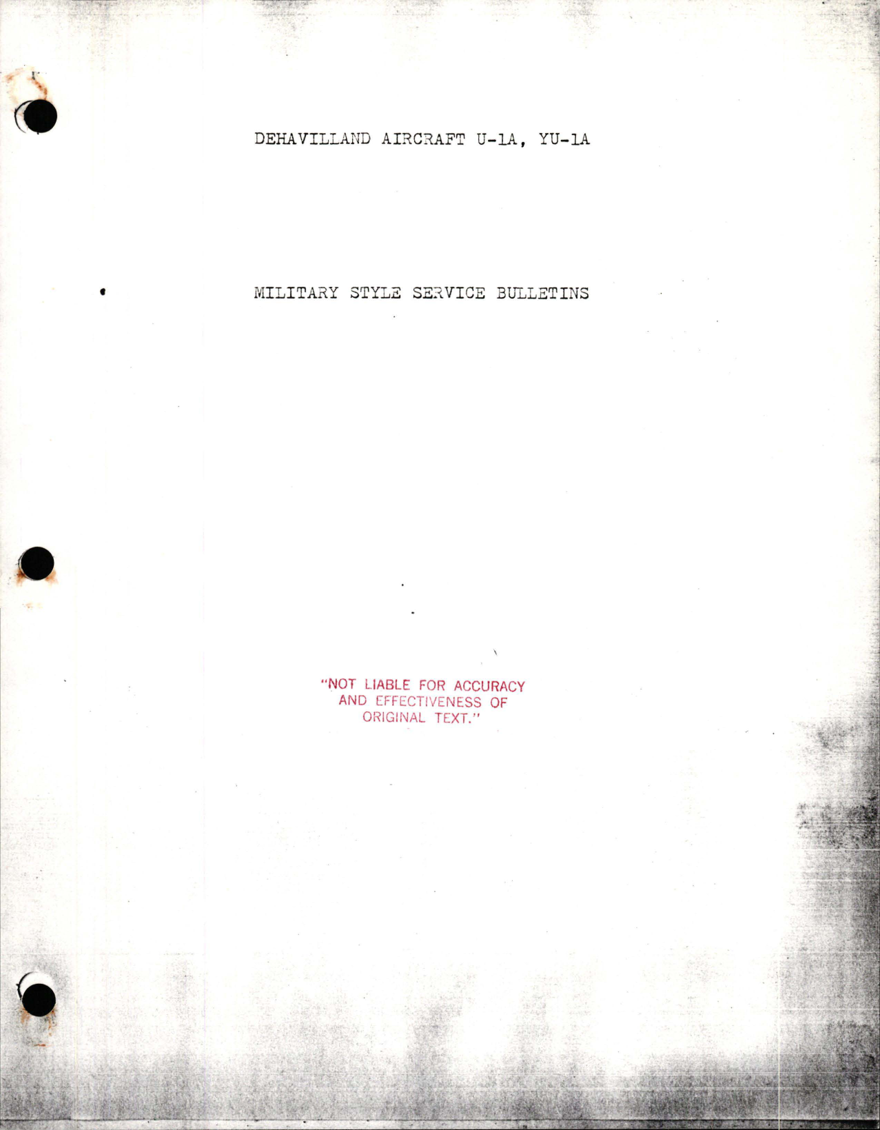 Sample page 1 from AirCorps Library document: List of Military Style Service Bulletins for de Havilland U-1A and YU-1A