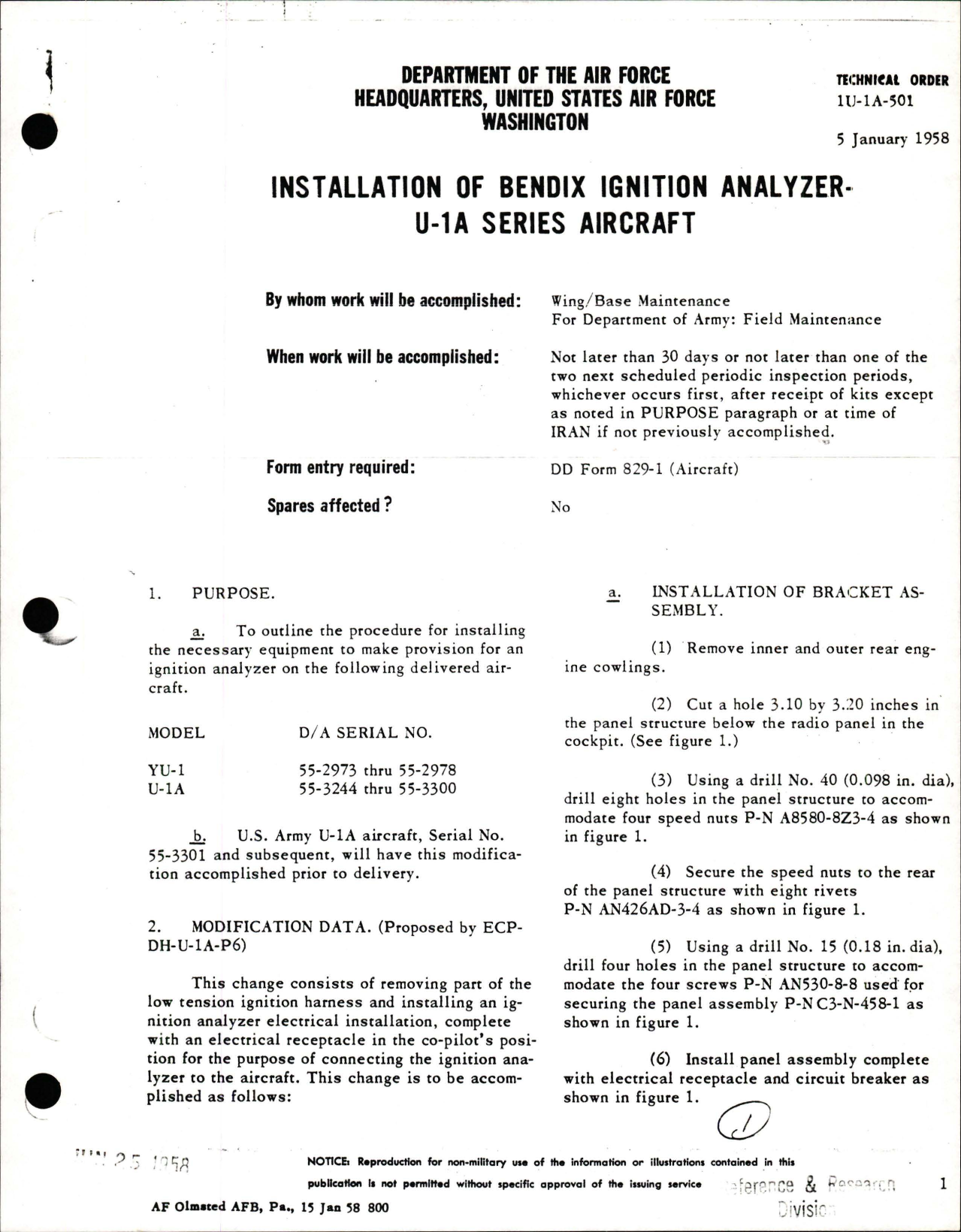 Sample page 1 from AirCorps Library document: Installation of Bendix Ignition Analyzer - U-1A Series