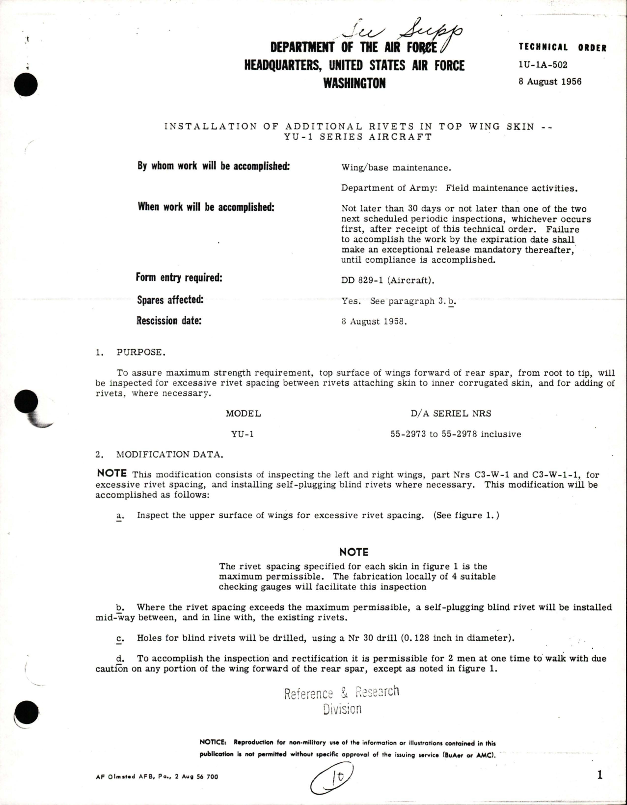 Sample page 1 from AirCorps Library document: Installation of Additional Rivets in Top Wing Skin - YU-1 Series