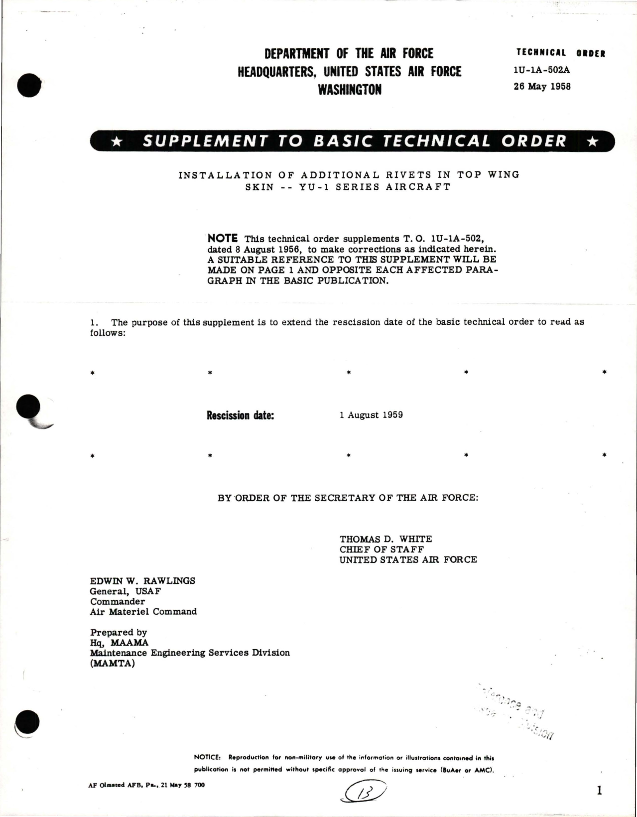 Sample page 1 from AirCorps Library document: Supplement to Installation of Additional Rivets in Top Wing Skin - YU-1 Series