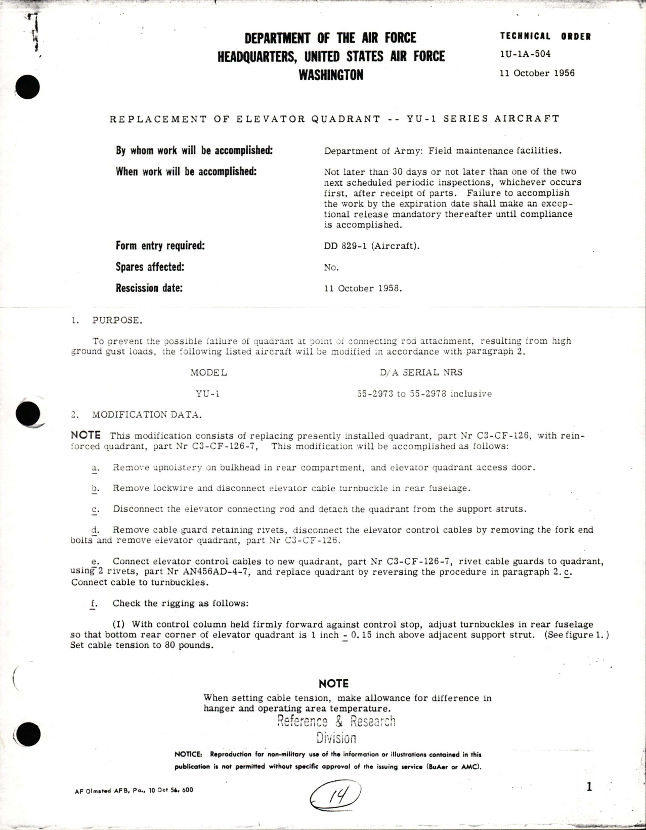 Sample page 1 from AirCorps Library document: Replacement of Elevator Quadrant for YU-1 Series
