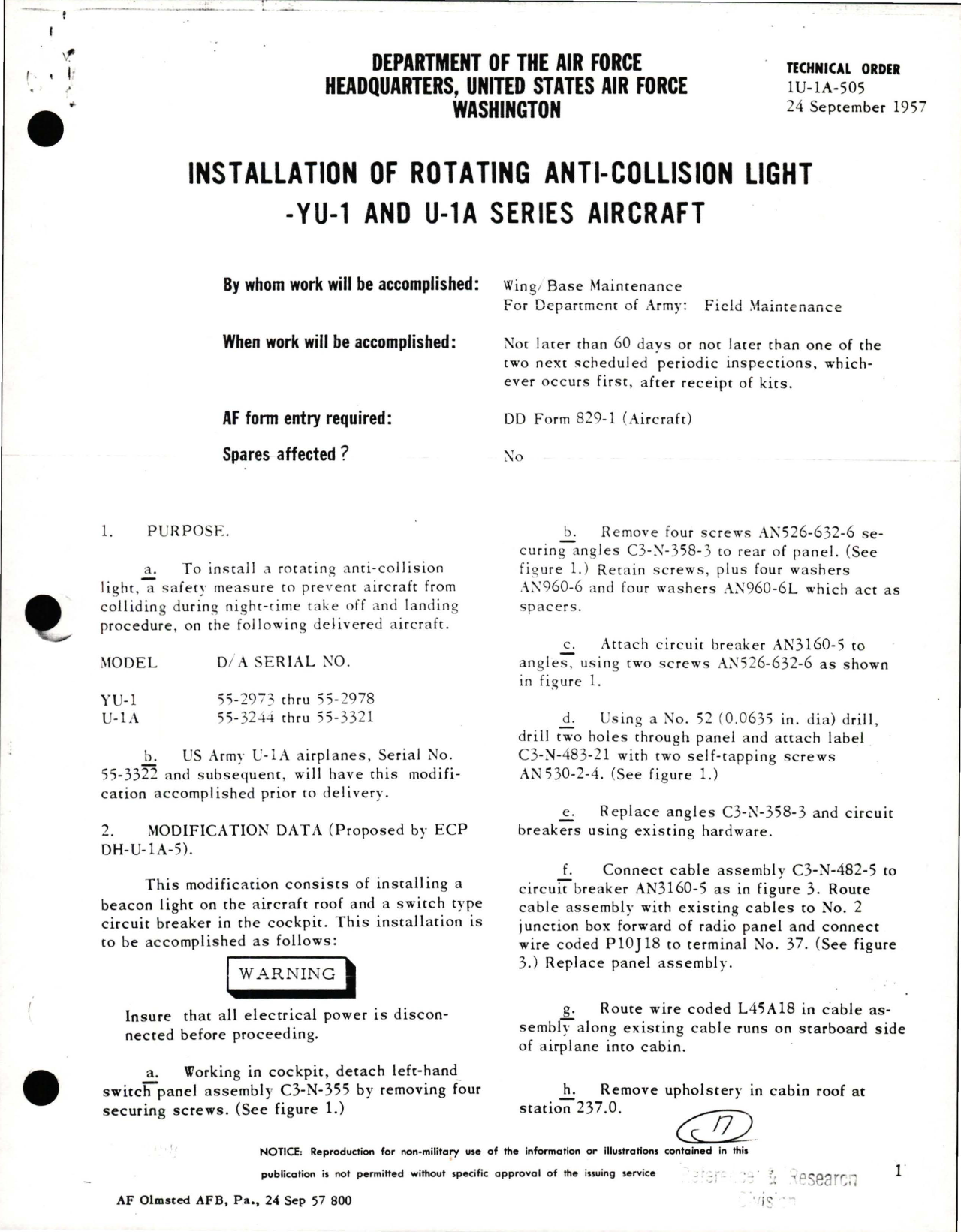 Sample page 1 from AirCorps Library document: Installation of Rotating Anti-Collision Light for YU-1 and U-1A