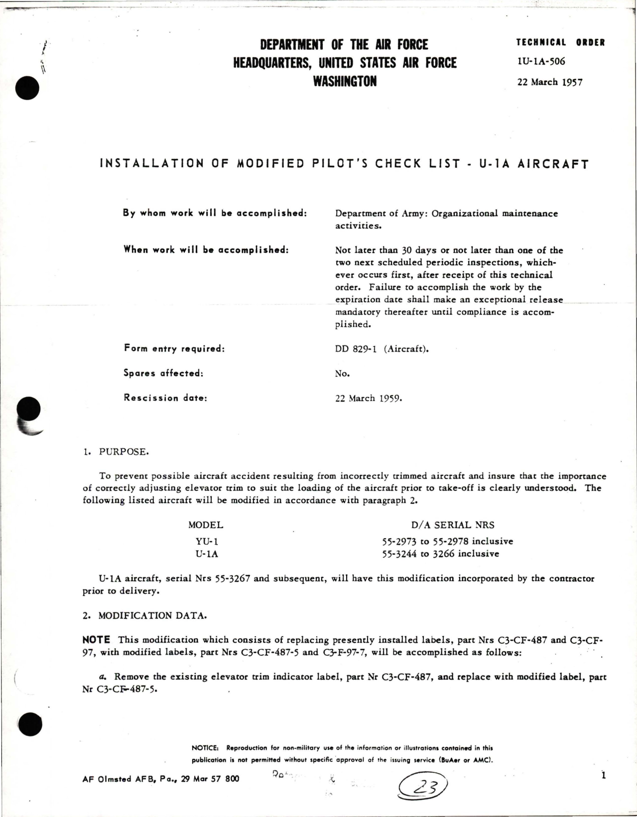 Sample page 1 from AirCorps Library document: Installation of Modified Pilot's Check List - U-1A