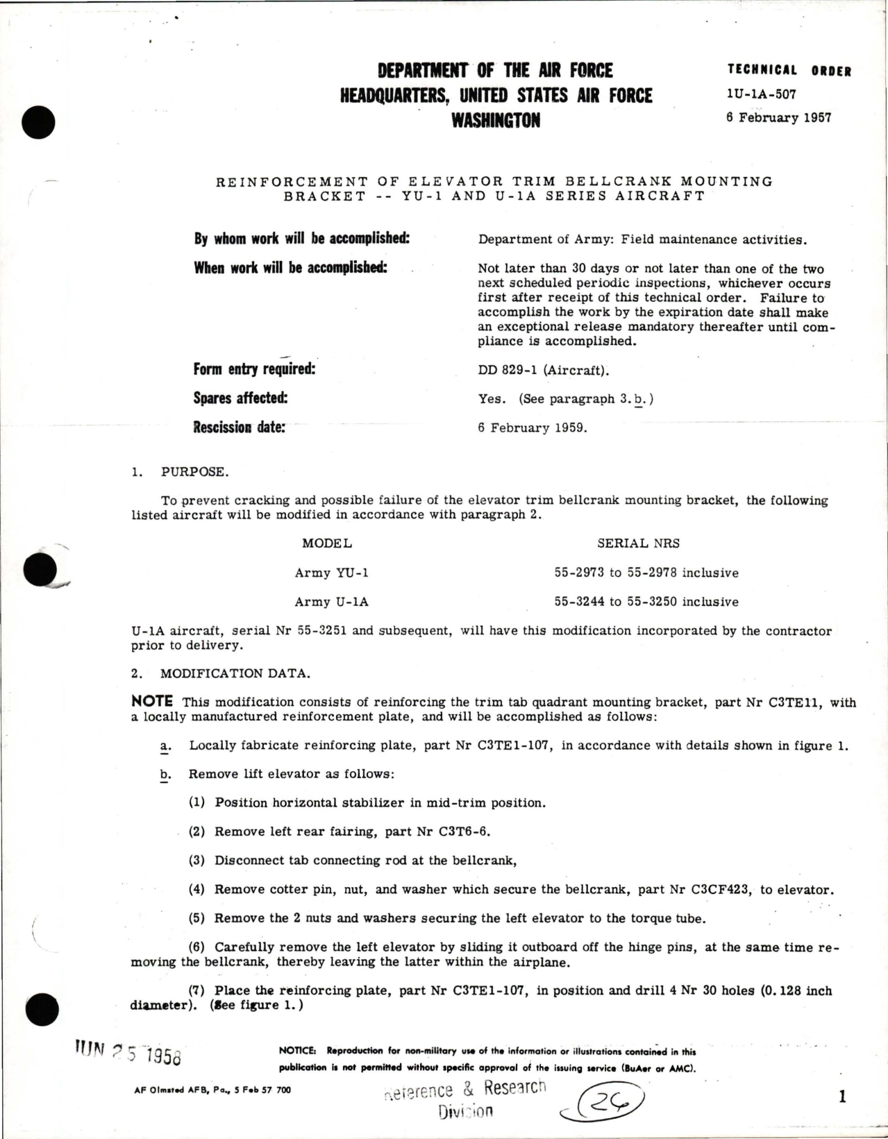 Sample page 1 from AirCorps Library document: Reinforcement of Elevator Trim Bellcrank Mounting Bracket for YU-1 and U-1A
