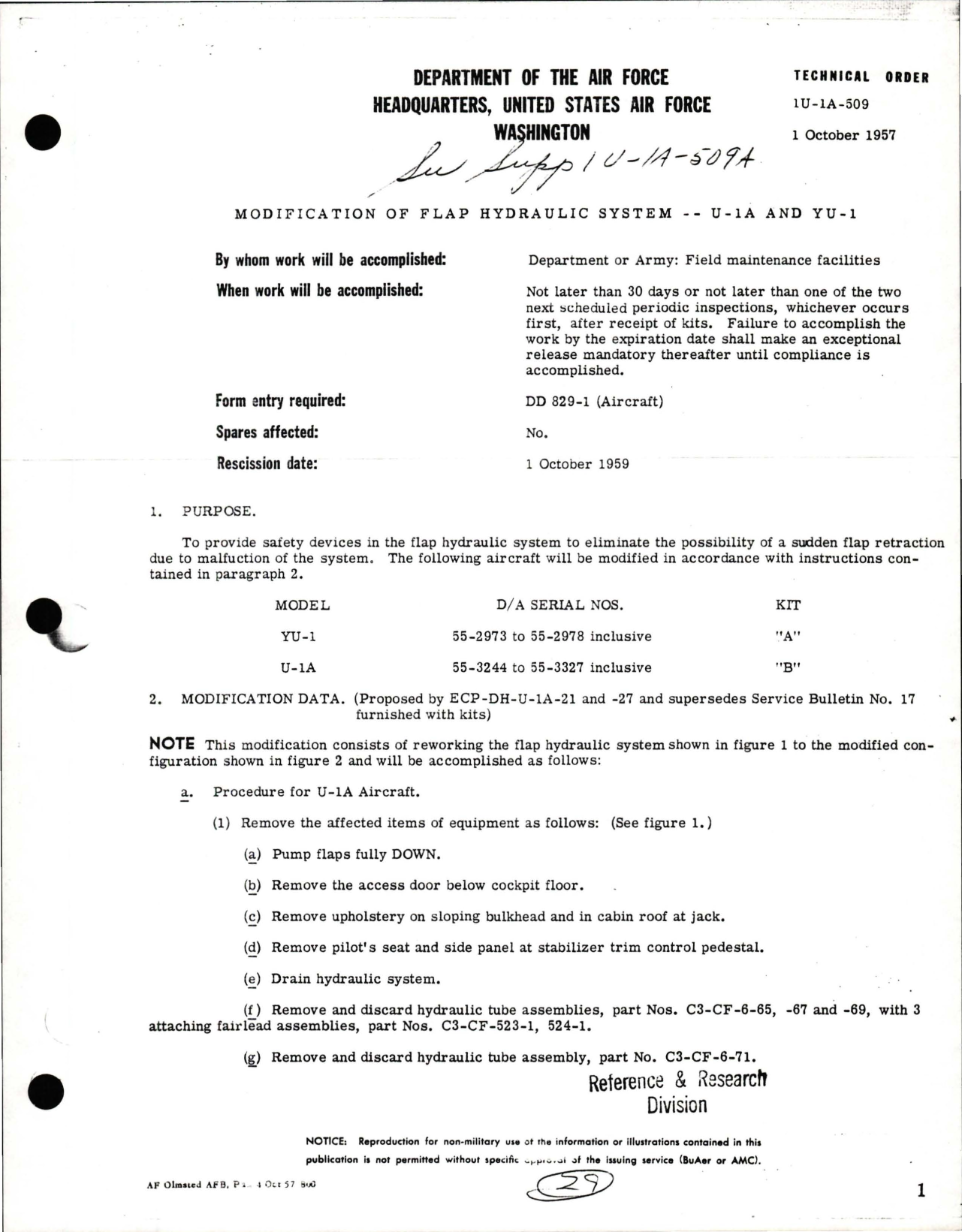 Sample page 1 from AirCorps Library document: Modification of Flap Hydraulic System for U-1A and YU-1