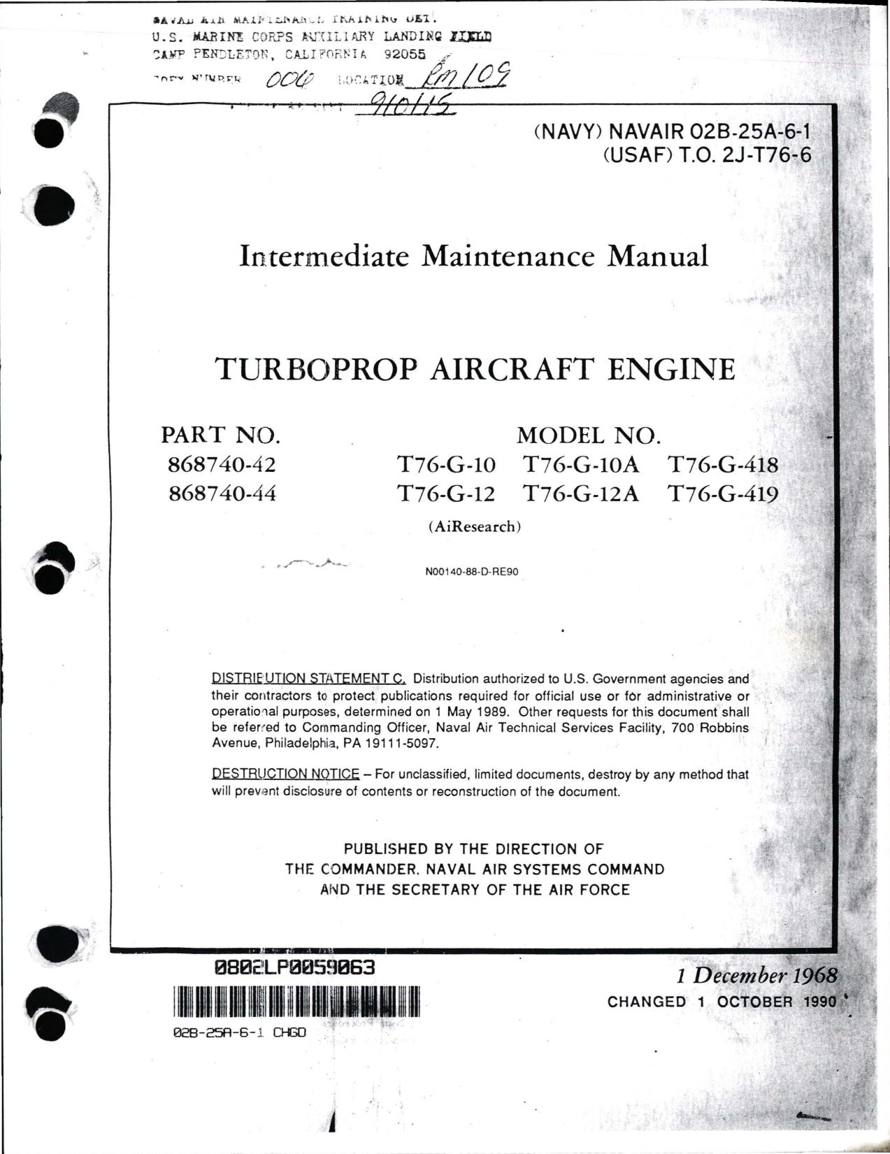 Sample page 1 from AirCorps Library document: Intermediate Maintenance for Turboprop Engine - Parts 868740-42 and 868740-44 