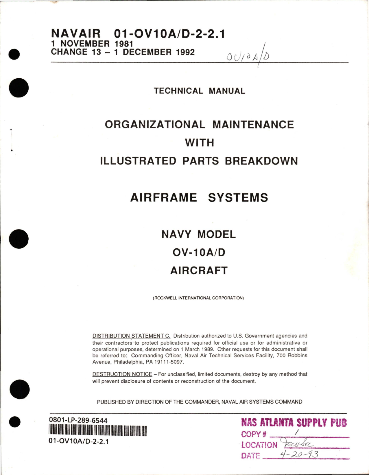 Sample page 1 from AirCorps Library document: Organizational Maintenance with Illustrated Parts Breakdown for Airframe Systems on OV-10A/D