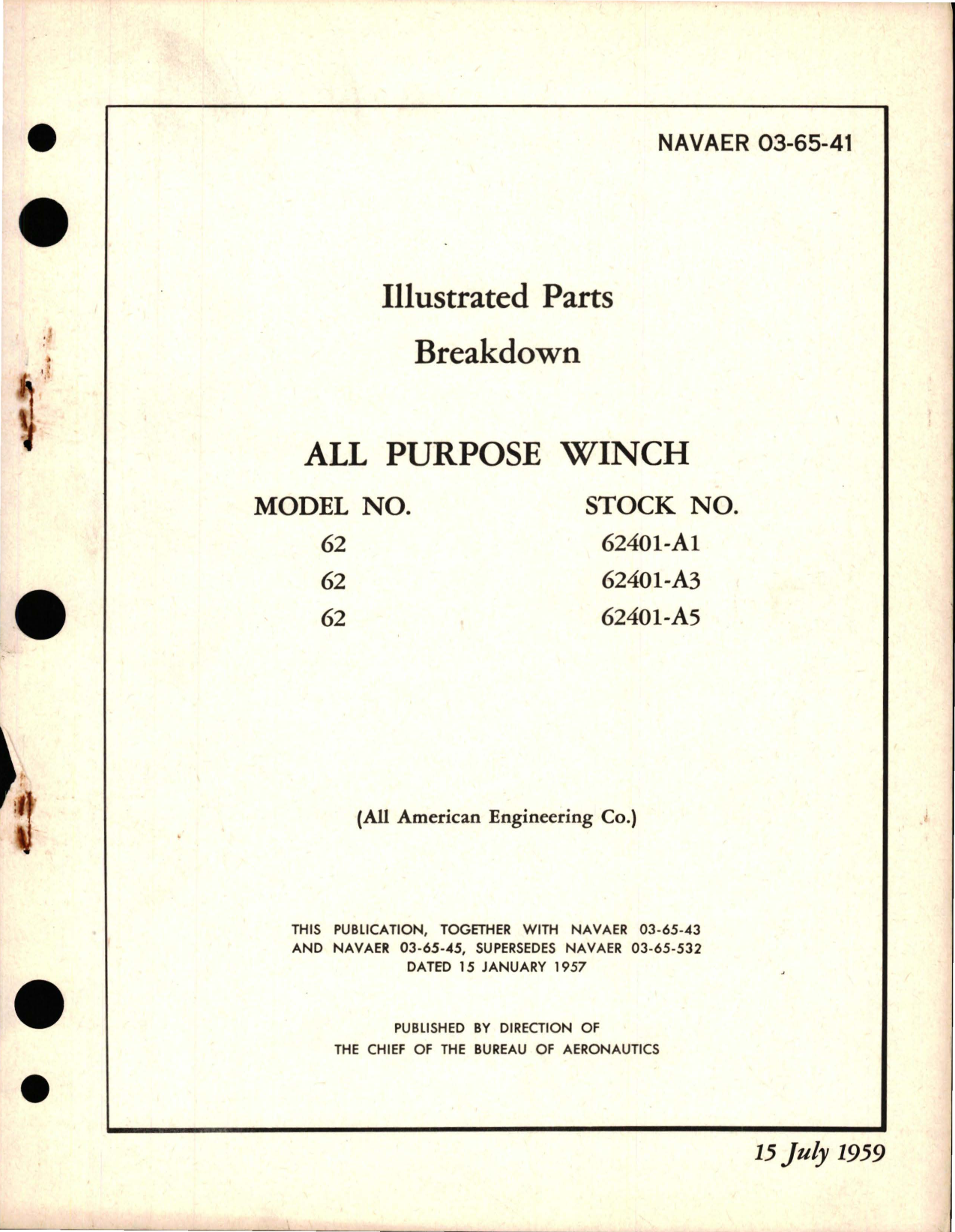 Sample page 1 from AirCorps Library document: Illustrated Parts Breakdown for All Purpose Winch - Model 62