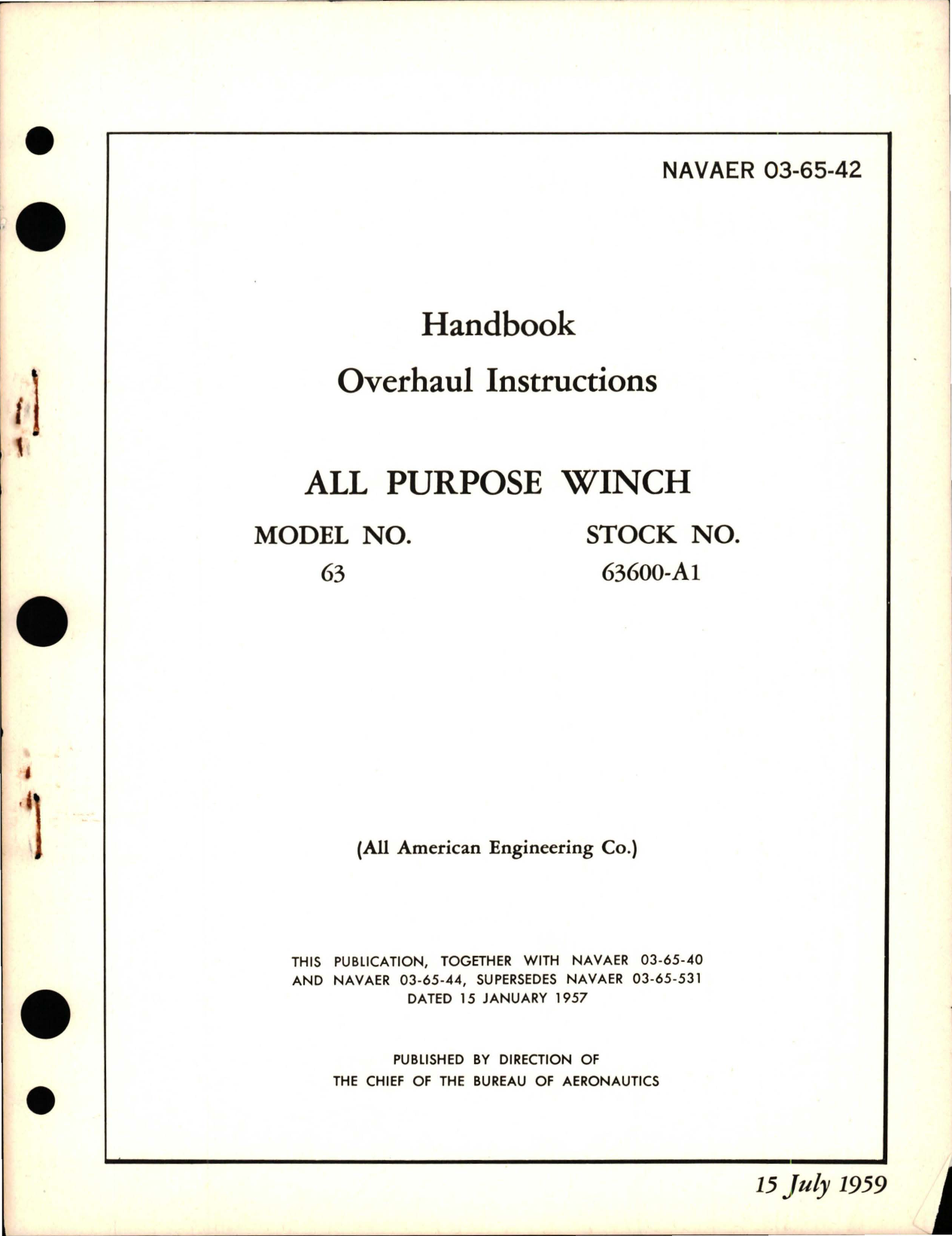 Sample page 1 from AirCorps Library document: Overhaul Instructions for All Purpose Winch - Model 63