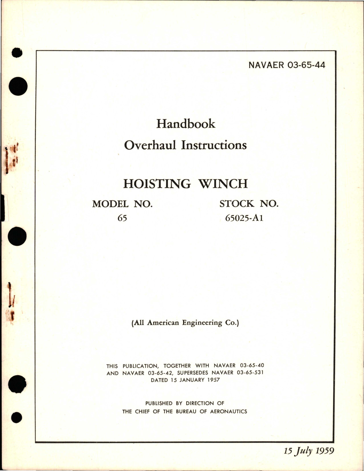 Sample page 1 from AirCorps Library document: Overhaul Instructions for Hoisting Winch - Model 65