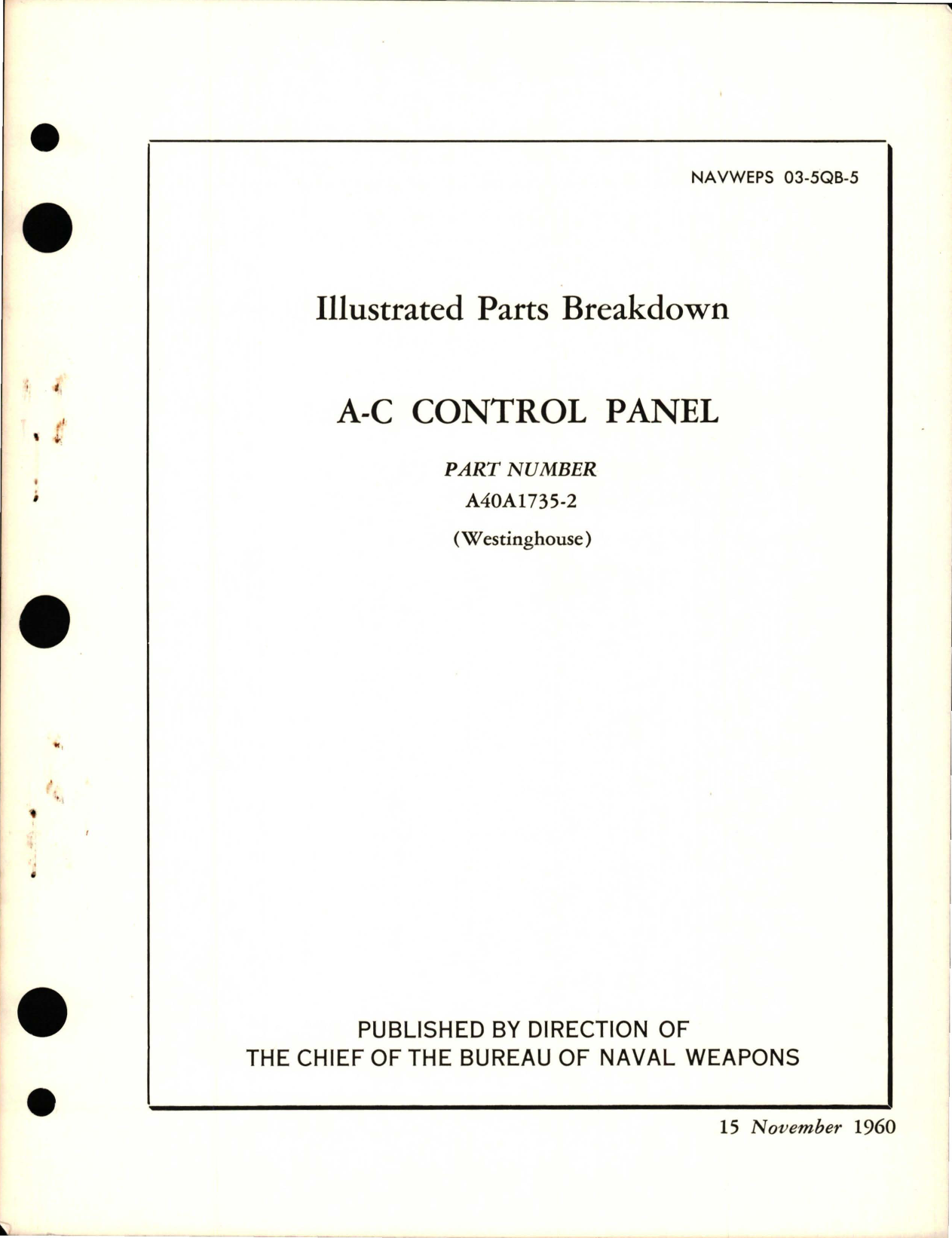 Sample page 1 from AirCorps Library document: Illustrated Parts Breakdown for A-C Control Panel - Part A40A1735-2