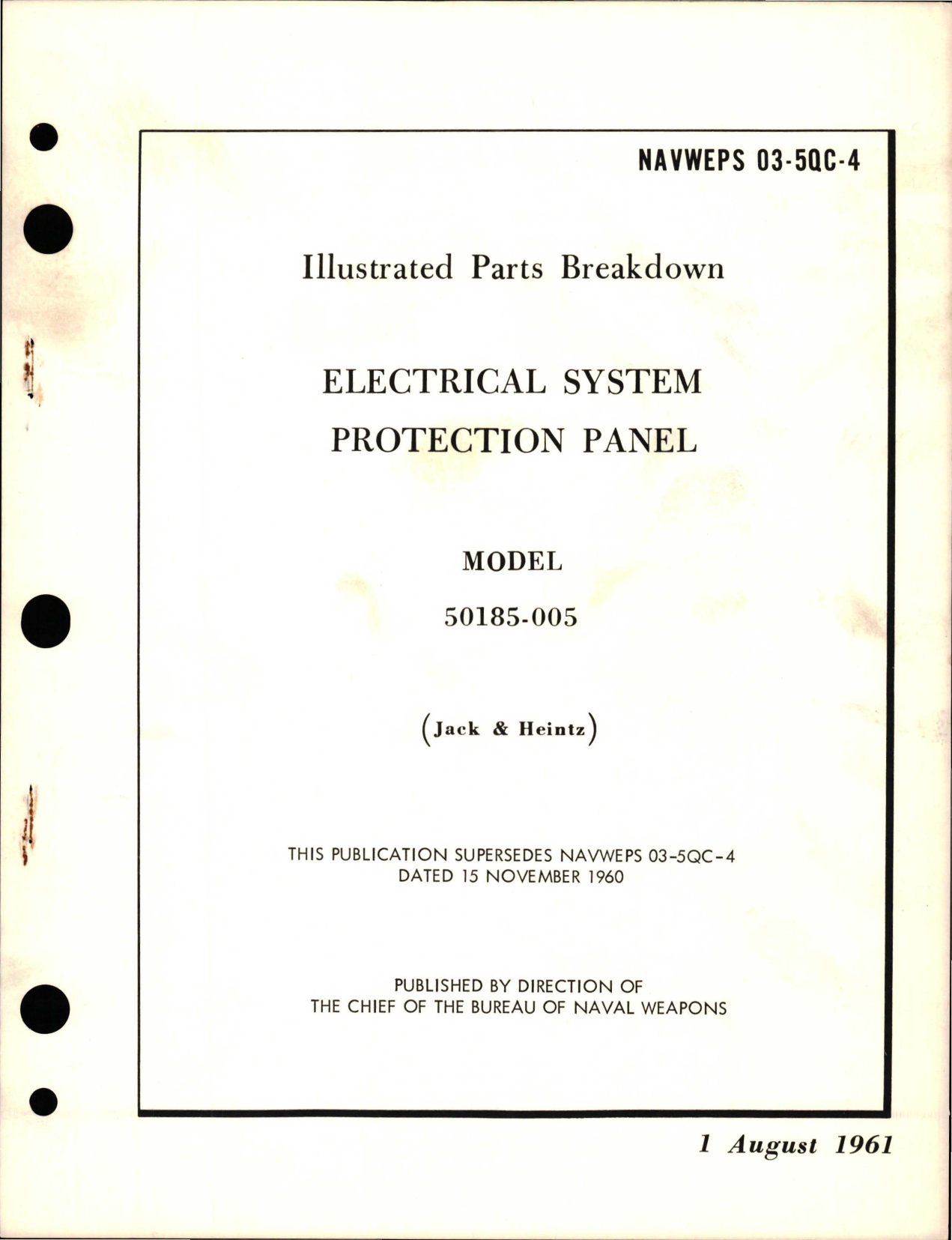 Sample page 1 from AirCorps Library document: Illustrated Parts Breakdown for Electrical System Protection Panel - Model 50185-005 