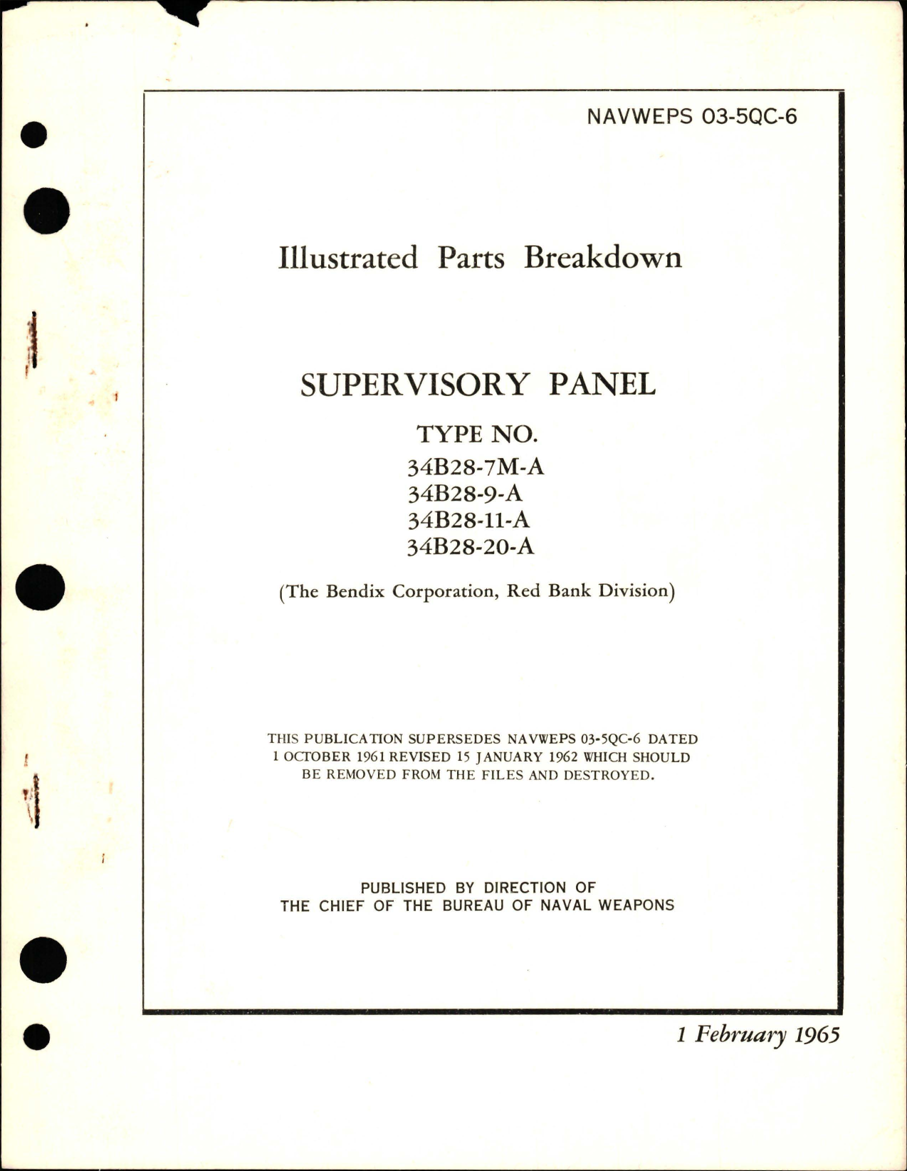 Sample page 1 from AirCorps Library document: Illustrated Parts Breakdown for Supervisory Panel - Types 34B28-7M-A, -9-A, -11-A, -20-A
