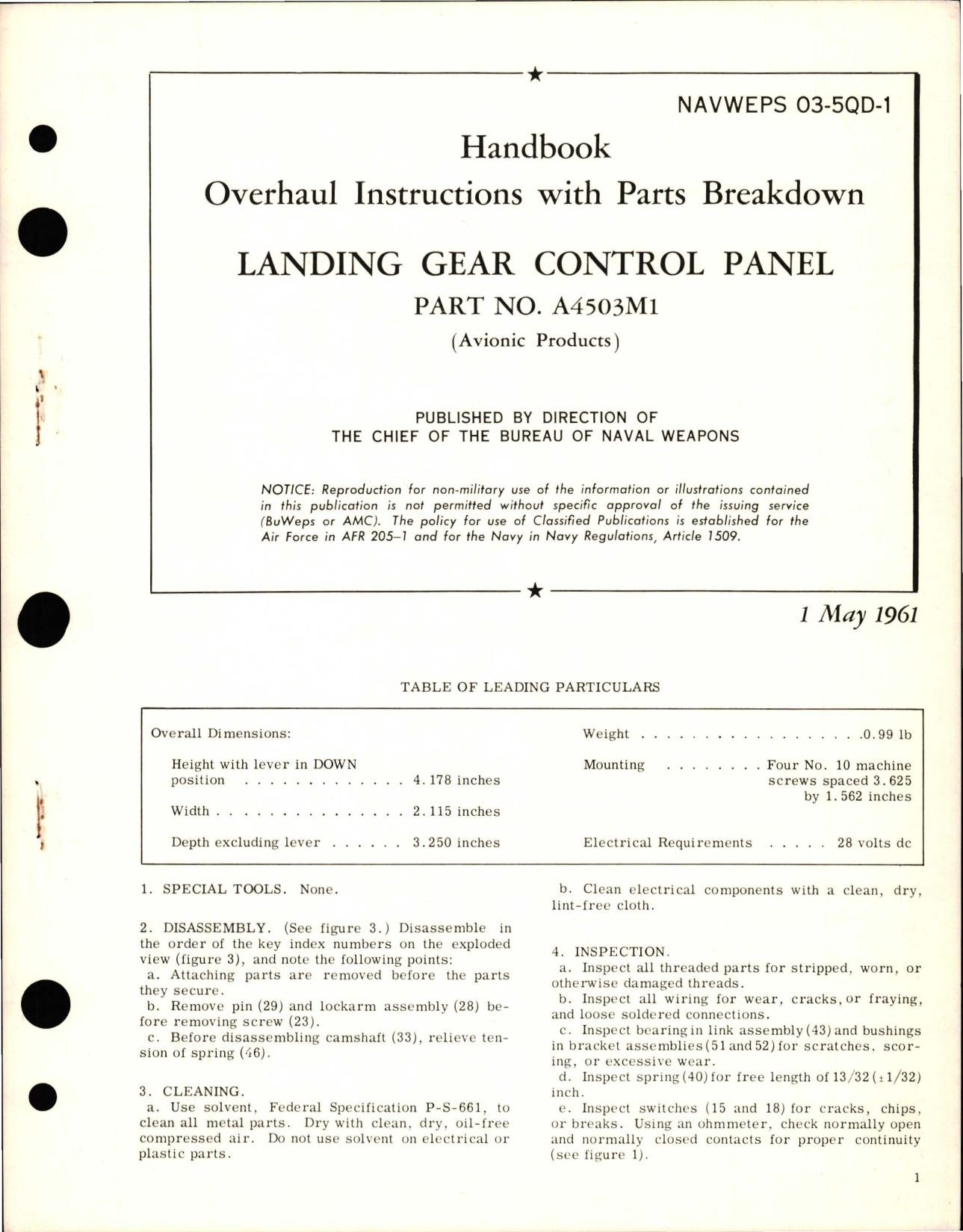 Sample page 1 from AirCorps Library document: Overhaul Instructions with Parts Breakdown for Landing Gear Control Panel - Part A4503M1 