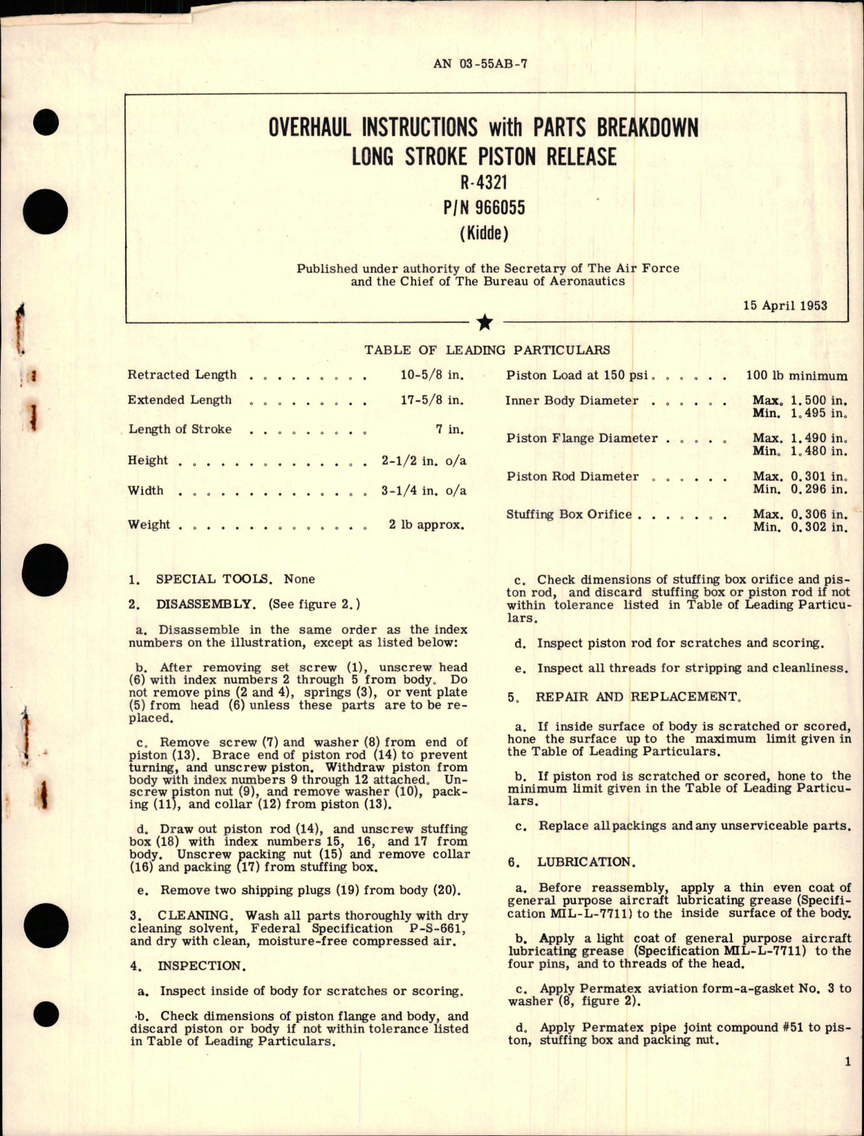 Sample page 1 from AirCorps Library document: Overhaul Instructions with Parts Breakdown for Long Stroke Piston Release - R-4321