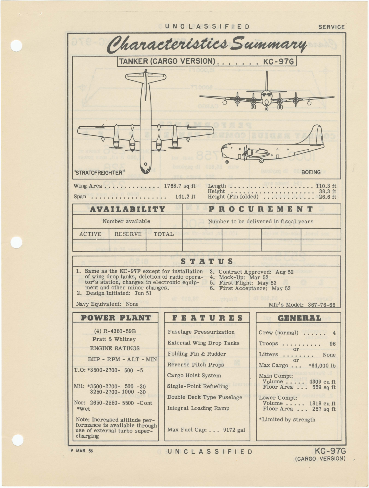 Sample page 1 from AirCorps Library document: KC-97G Boeing Stratofreighter - Tanker (Cargo Version) - Characteristics Summary