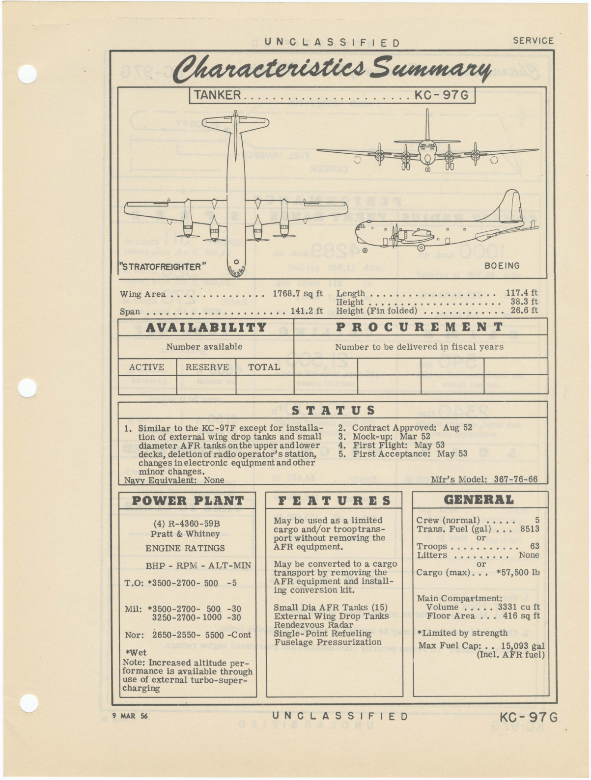Sample page 1 from AirCorps Library document: KC-97G Boeing Stratofreighter - Tanker - Characteristics Summary