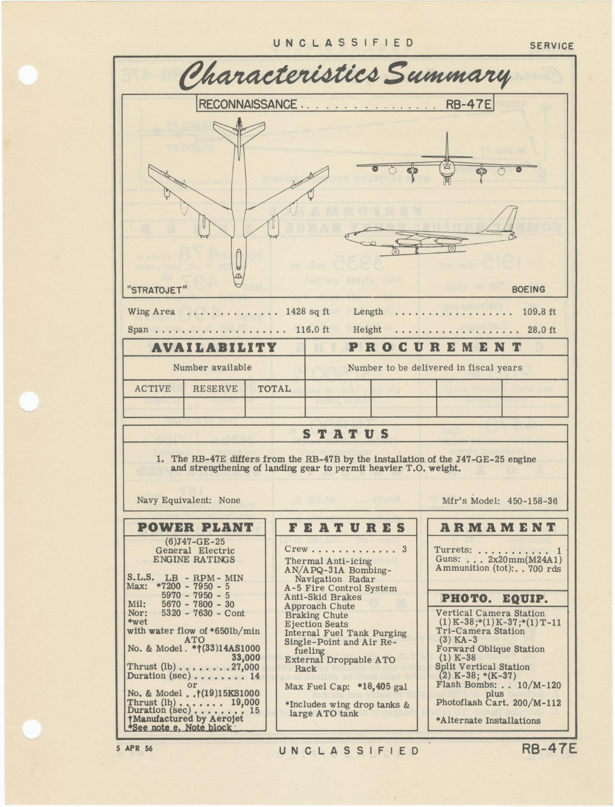 Sample page 1 from AirCorps Library document: RB-47E Boeing Stratojet - Reconnaissance - Characteristics Summary