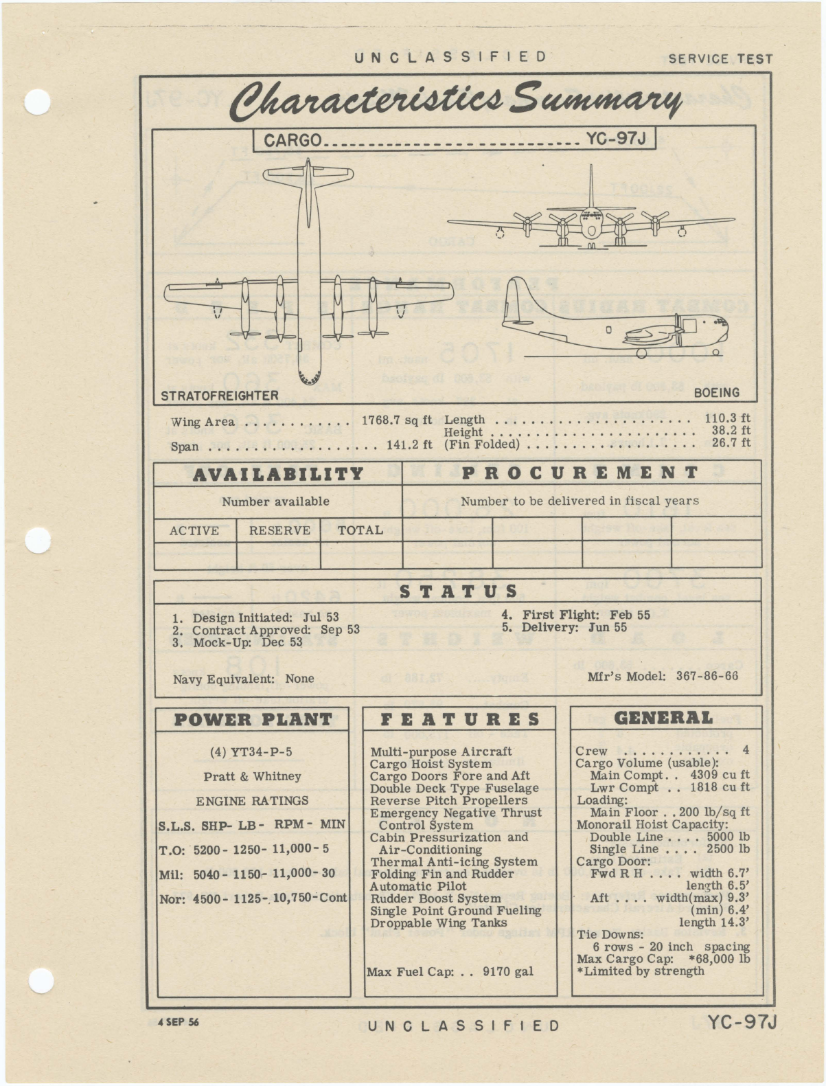 Sample page 1 from AirCorps Library document: YC-97J Boeing Stratofreighter - Cargo - Characteristics Summary