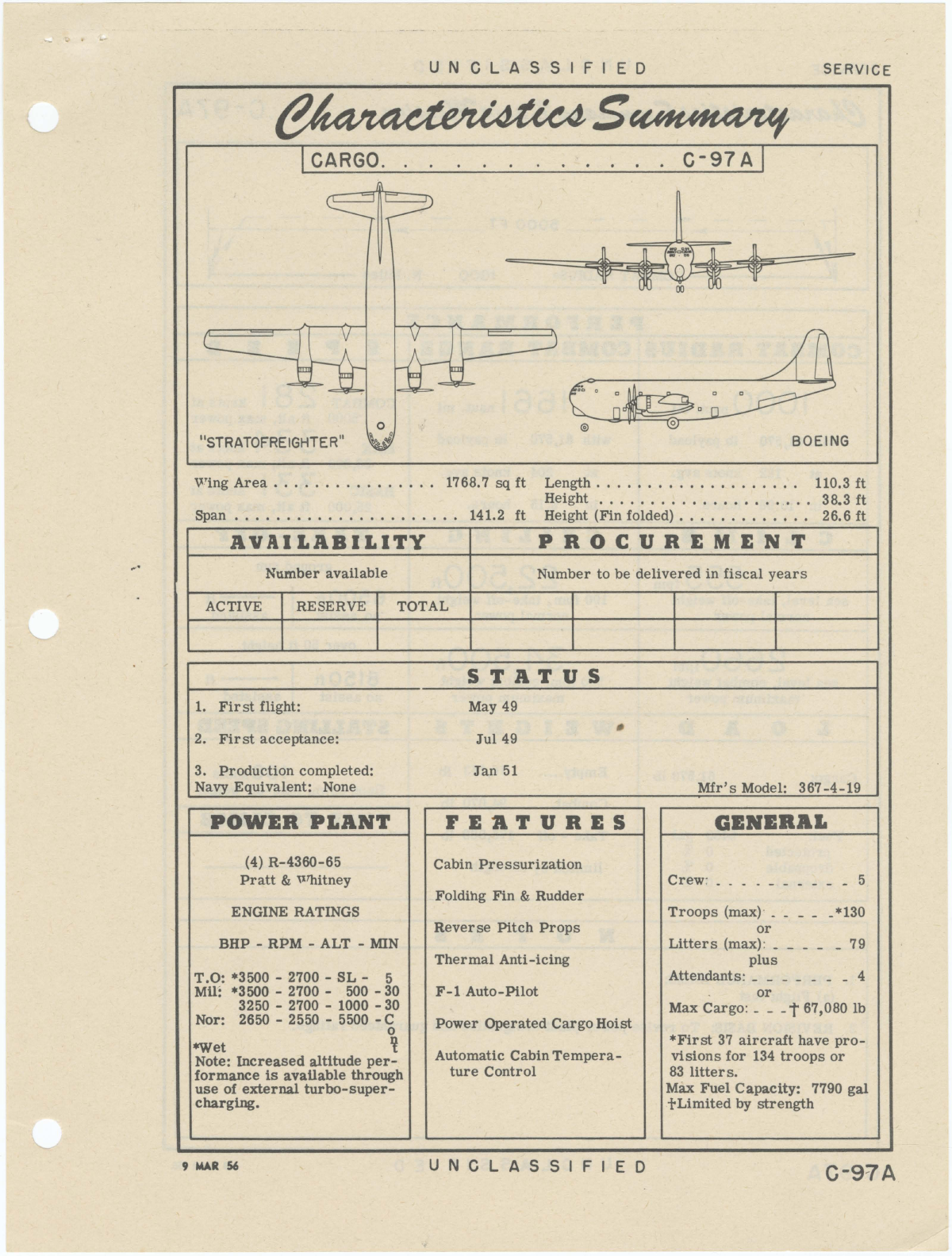 Sample page 1 from AirCorps Library document: C-97A Boeing Stratofreighter - Cargo - Characteristics Summary