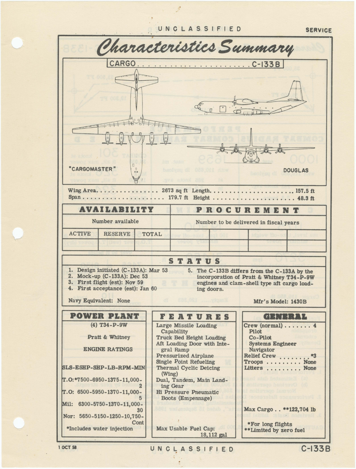 Sample page 1 from AirCorps Library document: C-133B Douglas Cargomaster - Cargo - Characteristics Summary