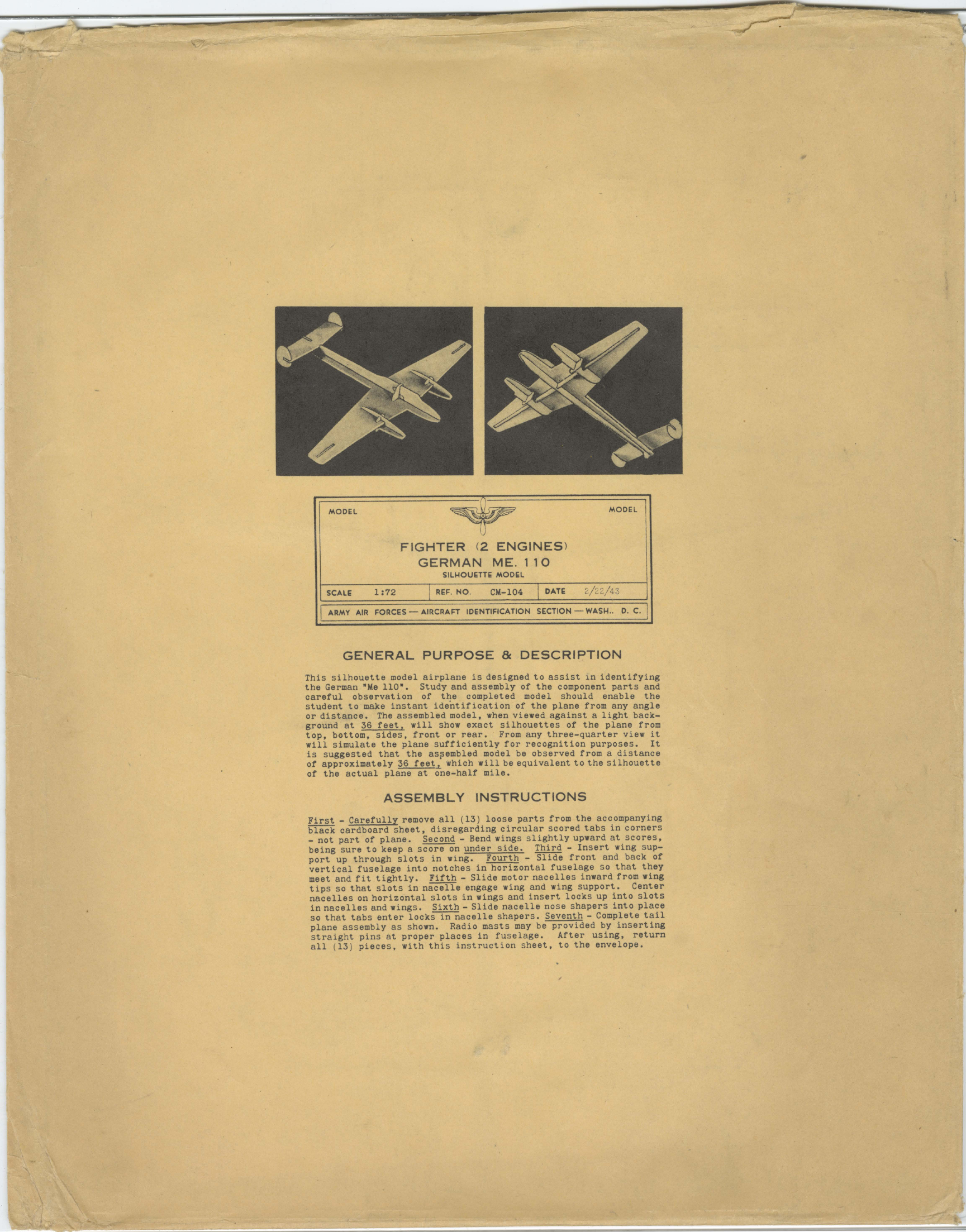 Sample page 1 from AirCorps Library document: Me 110 Messerschmitt German Fighter (Twin Engine) - Silhouette Model