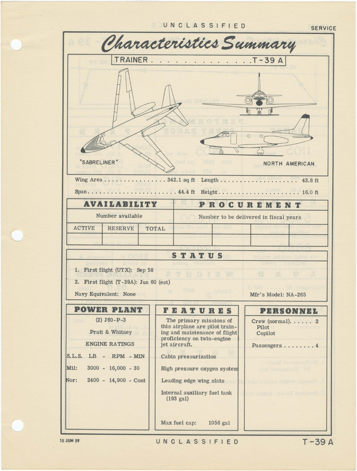 Sample page 1 from AirCorps Library document: T-39 North American Sabreliner - Trainer - Characteristics Summary