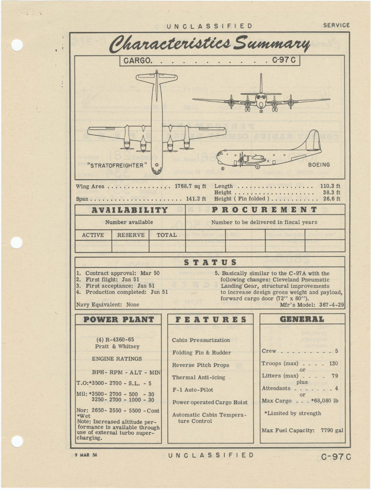 Sample page 1 from AirCorps Library document: C-97C Boeing Stratofreighter - Cargo - Characteristics Summary
