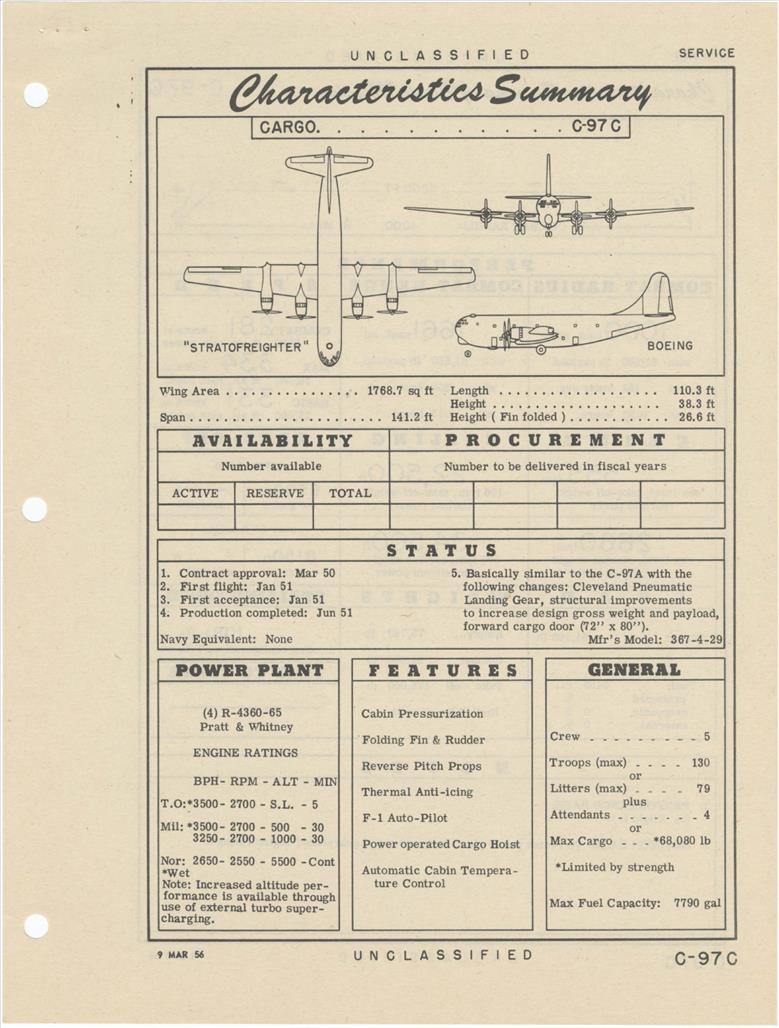 C-97C Boeing Stratofreighter - Cargo - Characteristics Summary ...