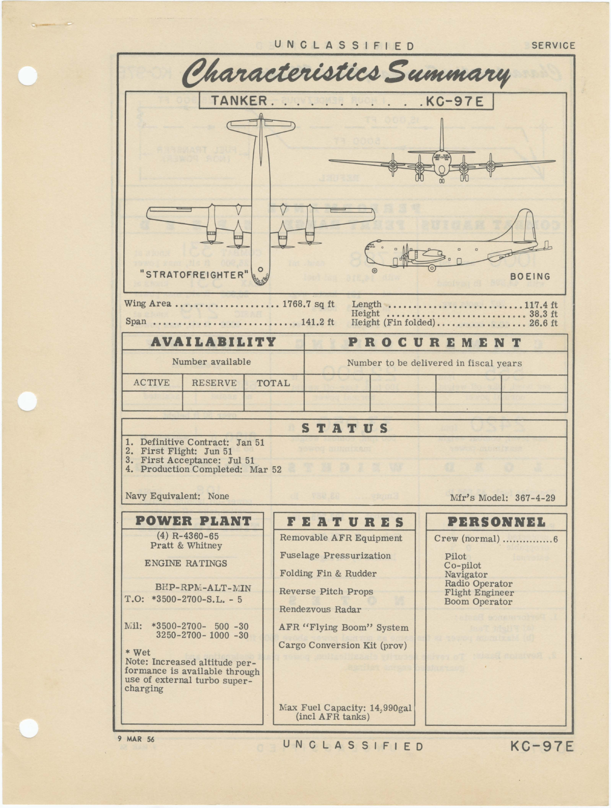 Sample page 1 from AirCorps Library document: KC-97E Boeing Stratofreighter - Tanker - Characteristics Summary